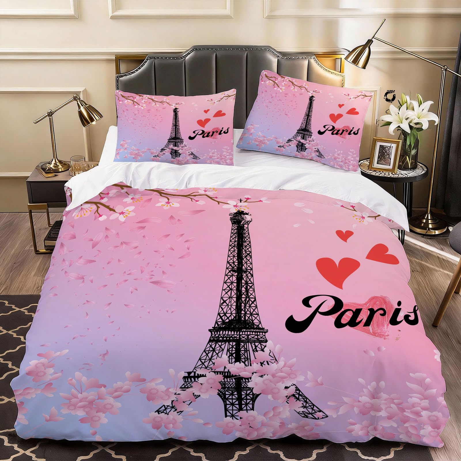 3D Eiffel Tower Duvet Cover Blossom Flowers Bedding Super King Bed Set, Soft Microfiber Comforter Cover Printed with Zipper Closure Quilt Coverr 260x220 cm and 2 Pillowcases