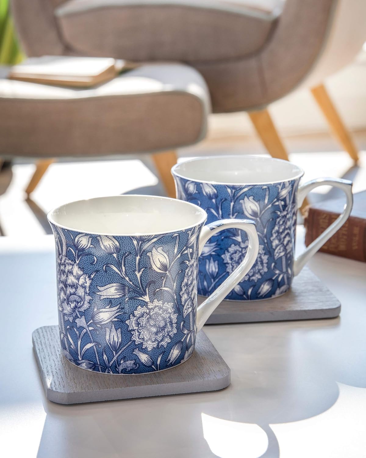 V&A Coffee and Tea Mugs, Porcelain Bone China Mug, William Morris Wild Tulip Design, 300ml, Set of 2, Gift Boxed - Image 3