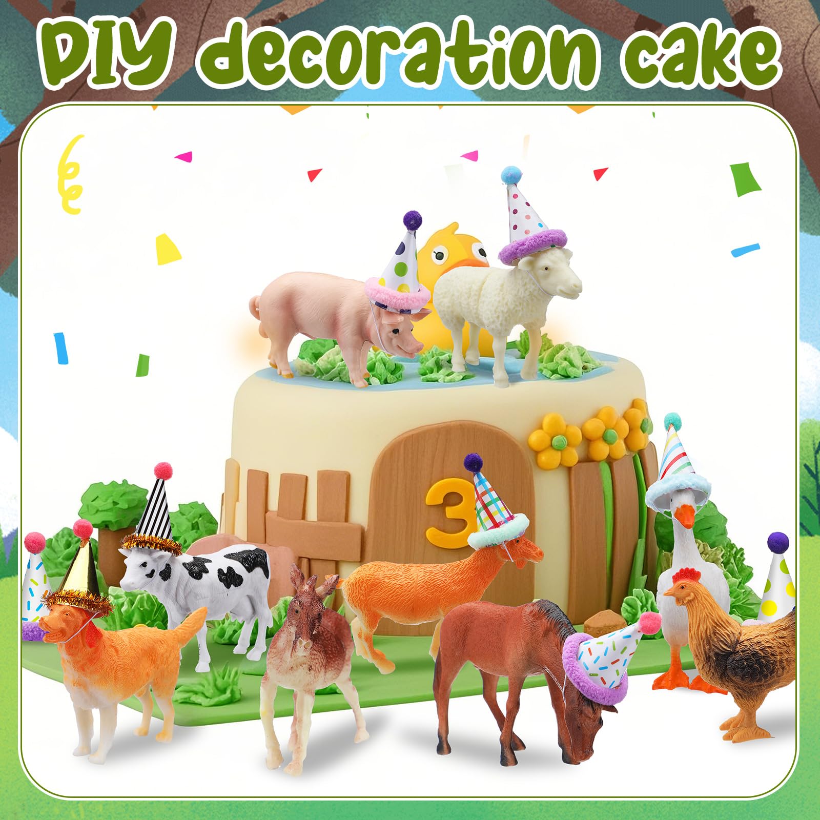 56 Pcs Safari Animal Birthday Party Decorations - Cake Toppers, Hats, Pom Poms, Gift Boxes