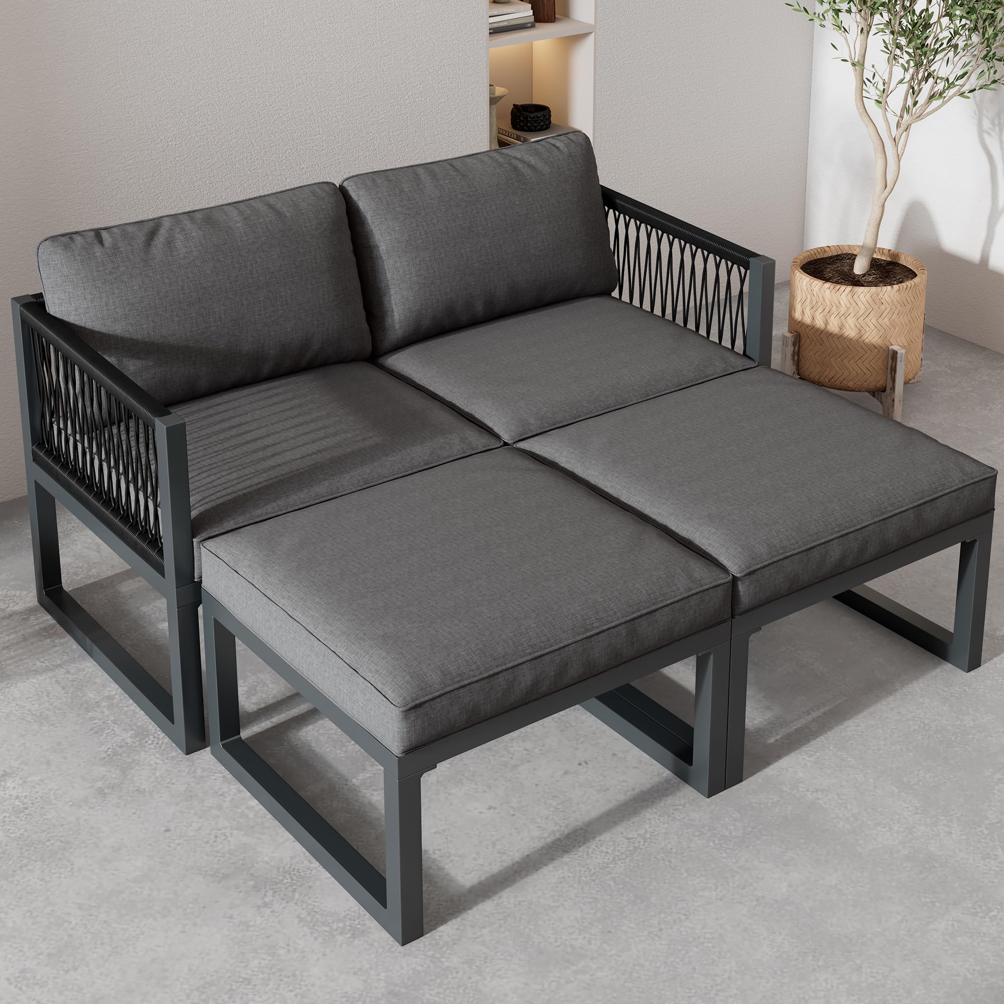 Merax Gartenlounge Set, Gartenmöbel Set, Multifunktional für Terrasse und Garten, Outdoor Sofa Garnitur, PE-Rattan, Aluminiumrahmen, rutschfeste Füße