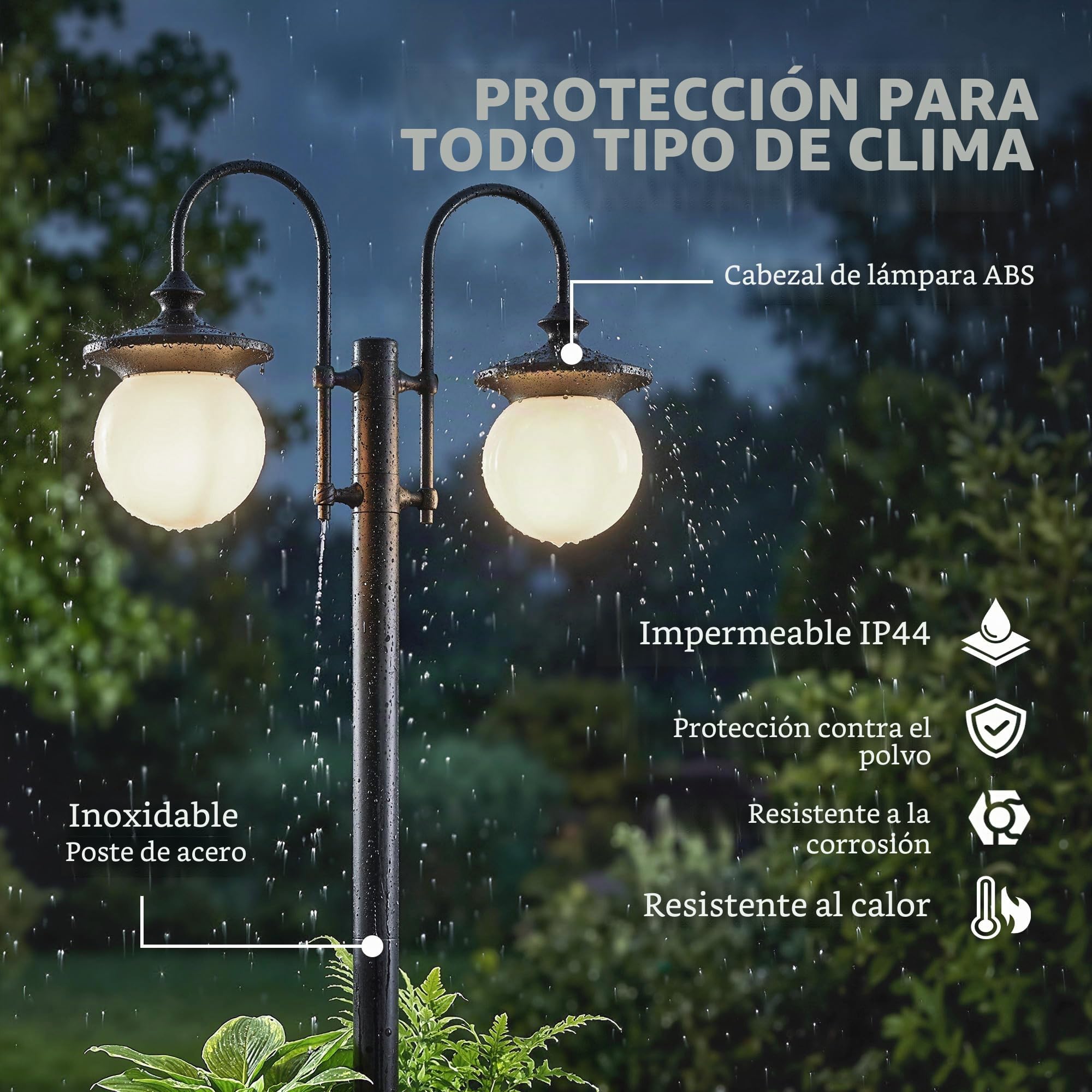 Outsunny Farola Solar Exterior de Jardín con Macetero 53,5x30x182cm Negro | 2 Cabezales, Impermeable IP44, Encendido/Apagado Automático, Altura Ajustable, Luz Solar de Exterior LED, Terraza Patio