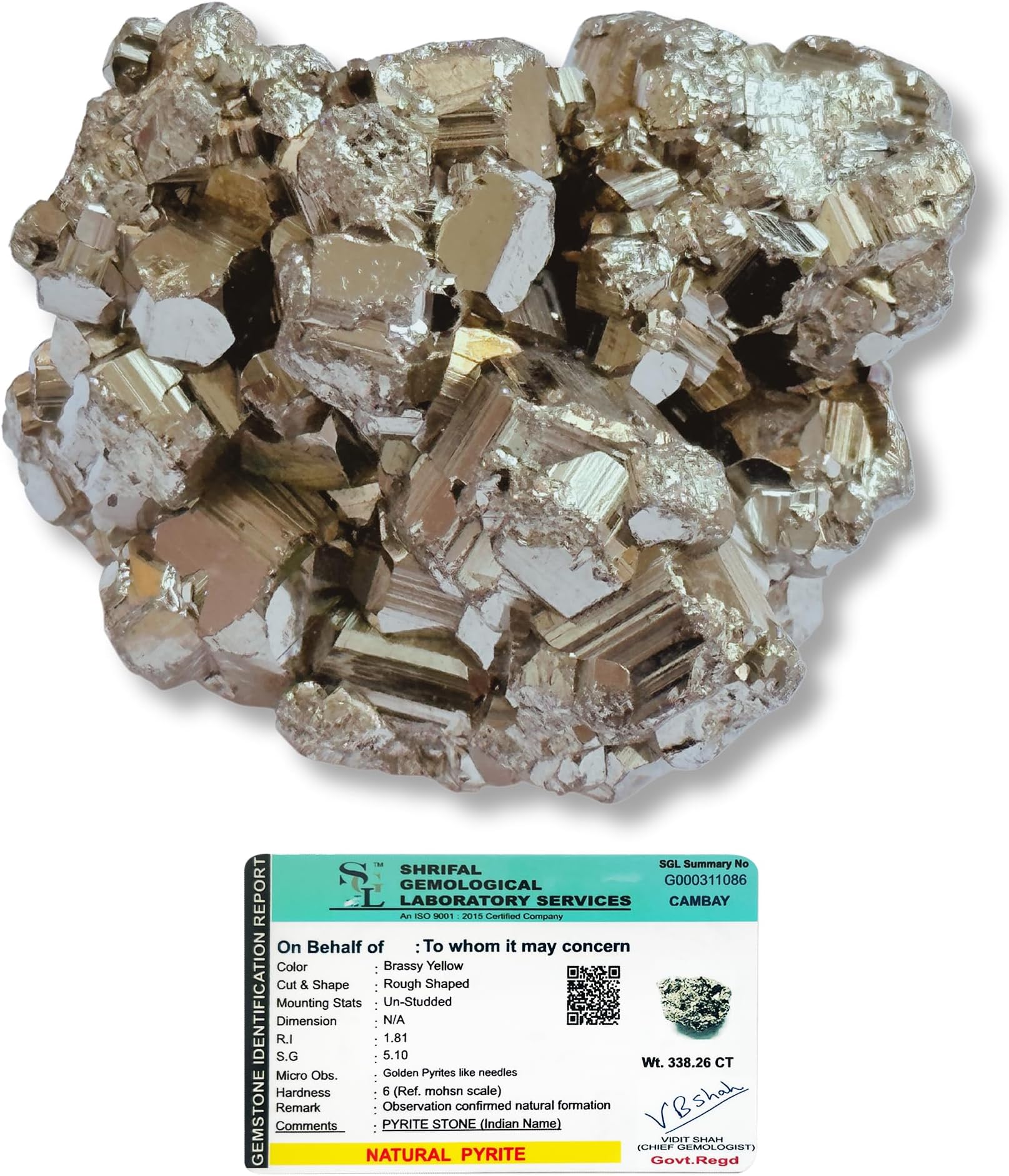 SOLAVA Pyrite Stone Cluster - Natural Energised Golden Pyrite for Healing, Willpower, Money Manifestation, Vastu, and Business - Certified Original (30-45 GRAM)