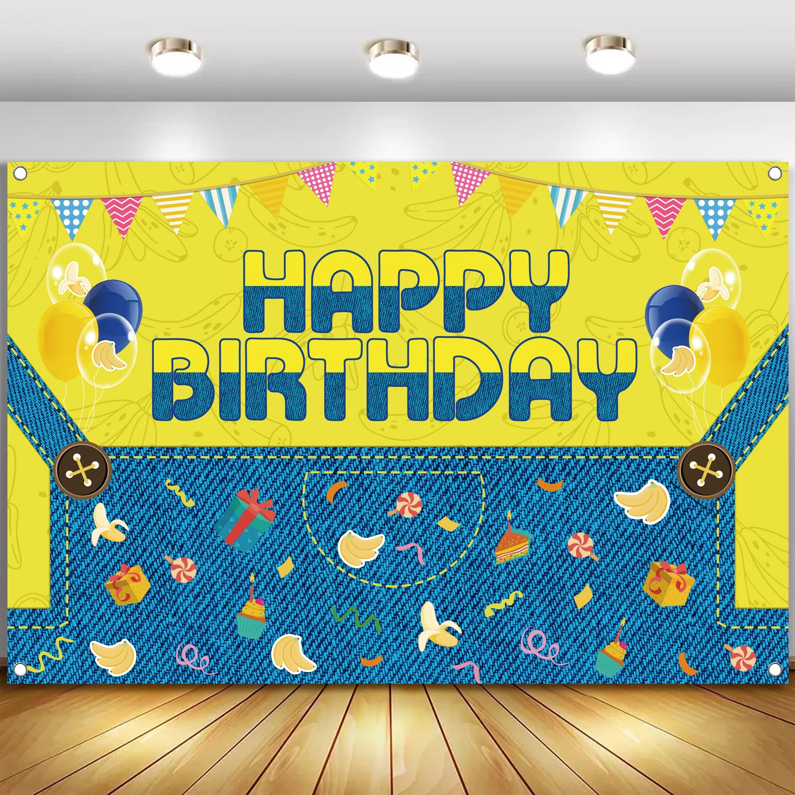 Yellow Cartoon Theme Happy Birthday Photography Backdrop, 5x3ft Big Eyes Background Photo Booth Banner Props for Kids Girls Boys Birthday Baby Shower