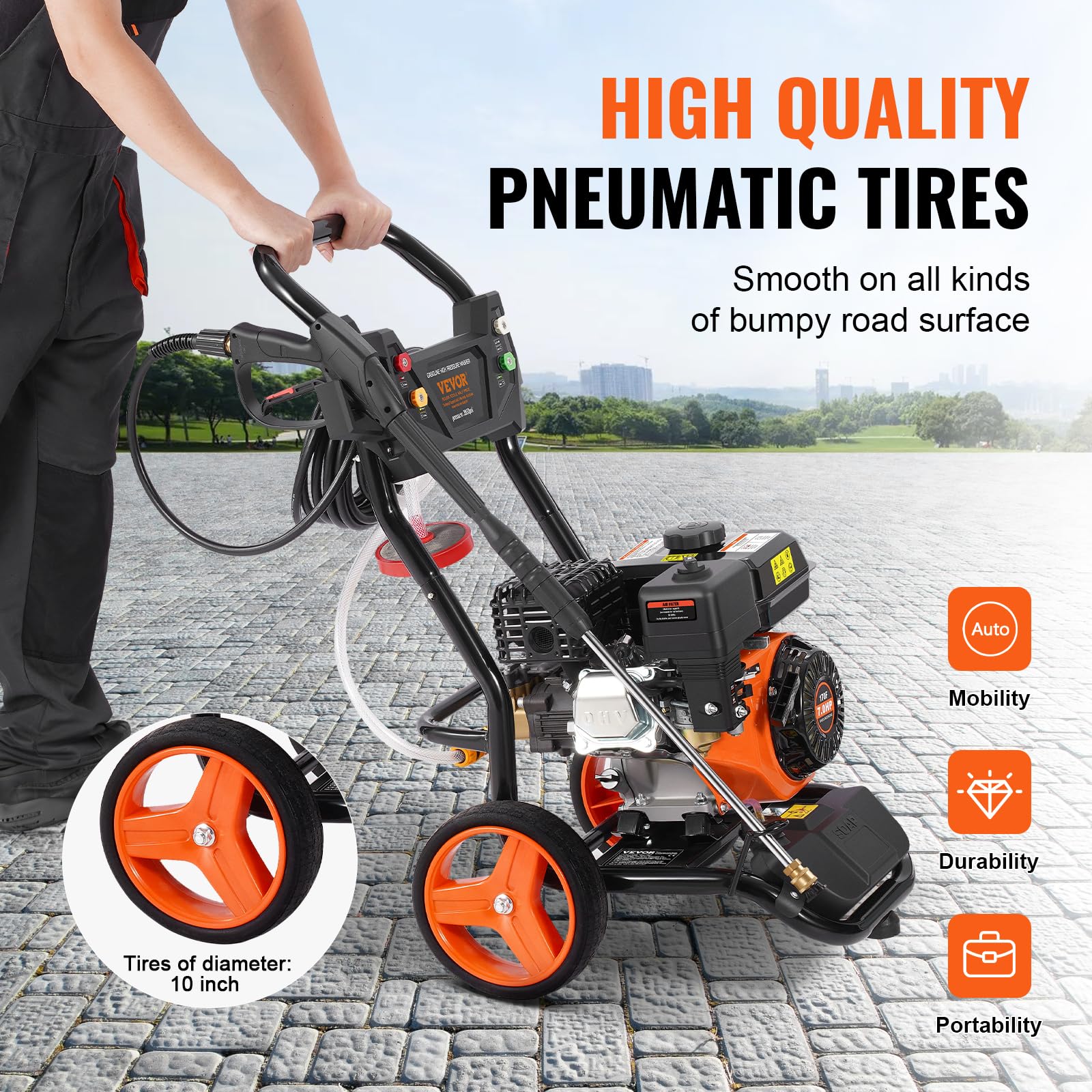 VEVOR Lavadora de Alta Presión a Gas Vertical 3950 PSI 2,6 GPM Limpiador de Alta Presión 10 L/min con Bomba de Cobre, Pistola Rociadora, Varilla de Extensión, 5 Boquillas para Casas, Vehículos