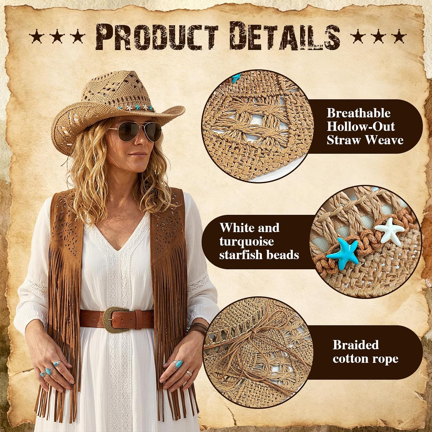 Straw Cowboy Hat – Wide Brim Sun Hat for Men & Women, Breathable Foldable Western Jazz Cap for Travel, Vacation & Daily Wear