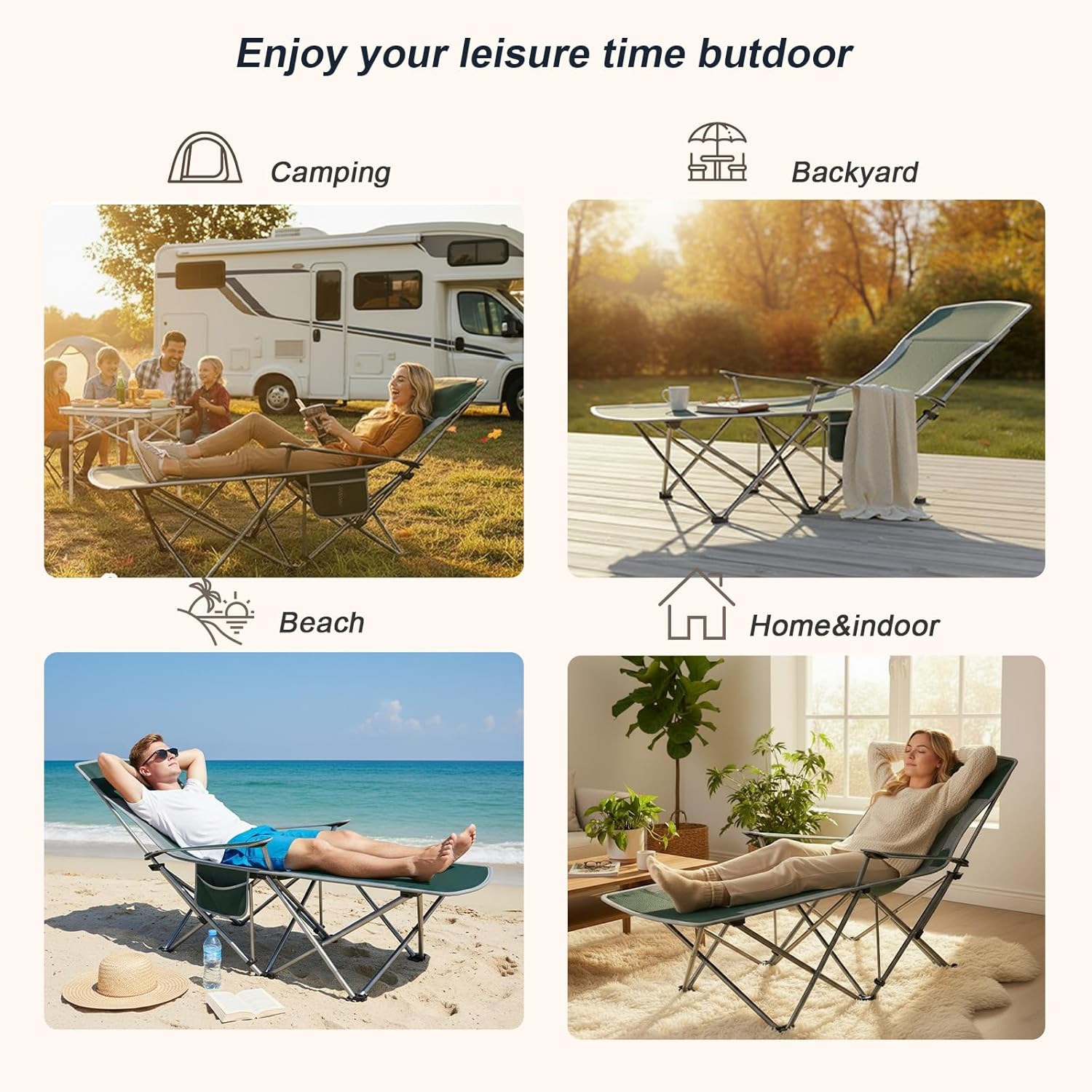 Folding Beach Chair Recliner for Adults - Heavy Duty 300lbs Camping Chair with Adjustable Backrest & Footrest, Portable Outdoor Lounge Chair for Backyard, Fishing, Travel - Image 9