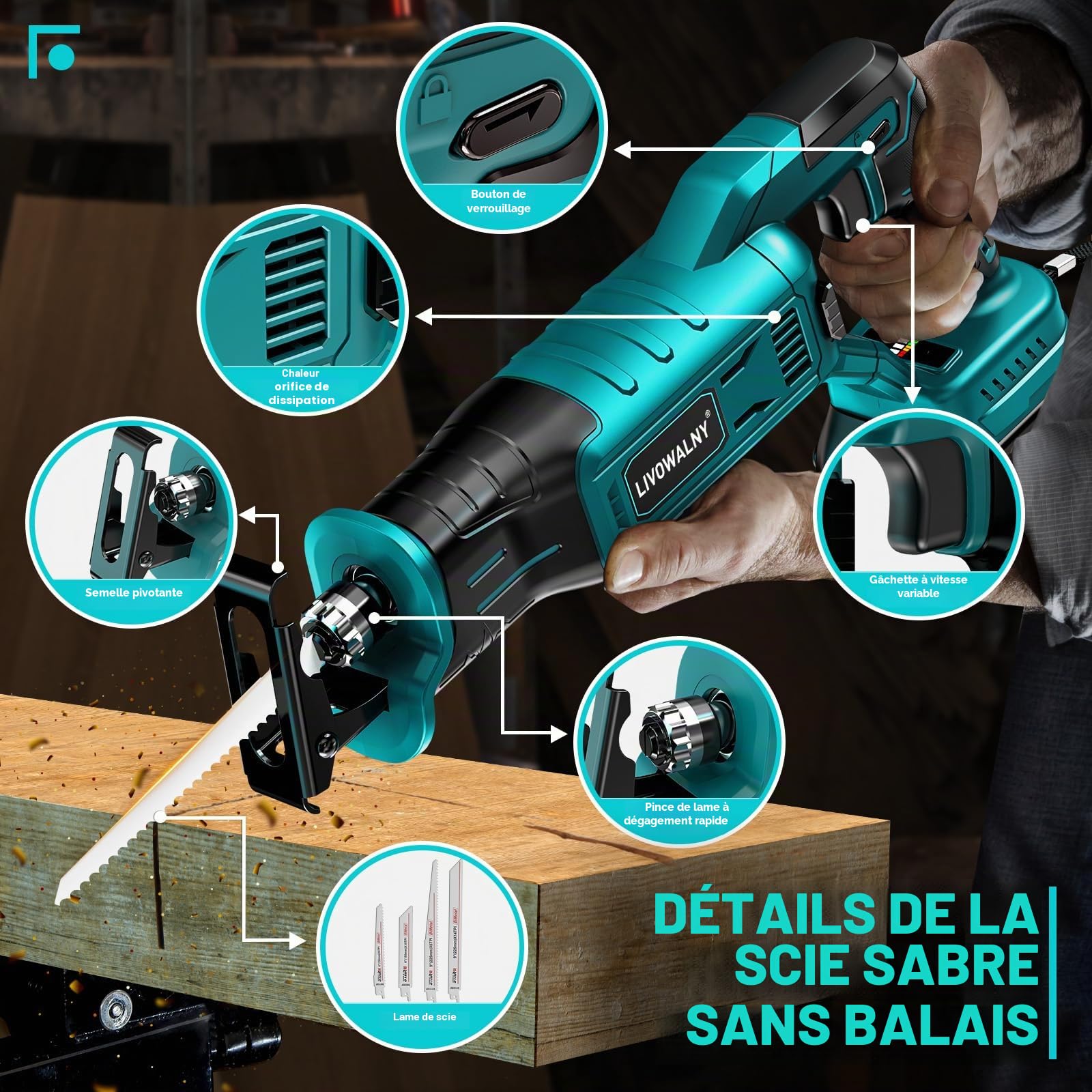 LIVOWALNY Scie Sabre Sans Fil Compatible avec Makita 18V, Moteur Brushless, 3200 cps/min, 3 Vitesses, Changement de Lame Sans Outil, LED, 4 Lames Bois/Métal/PVC(Outils Uniquement)-Bleu