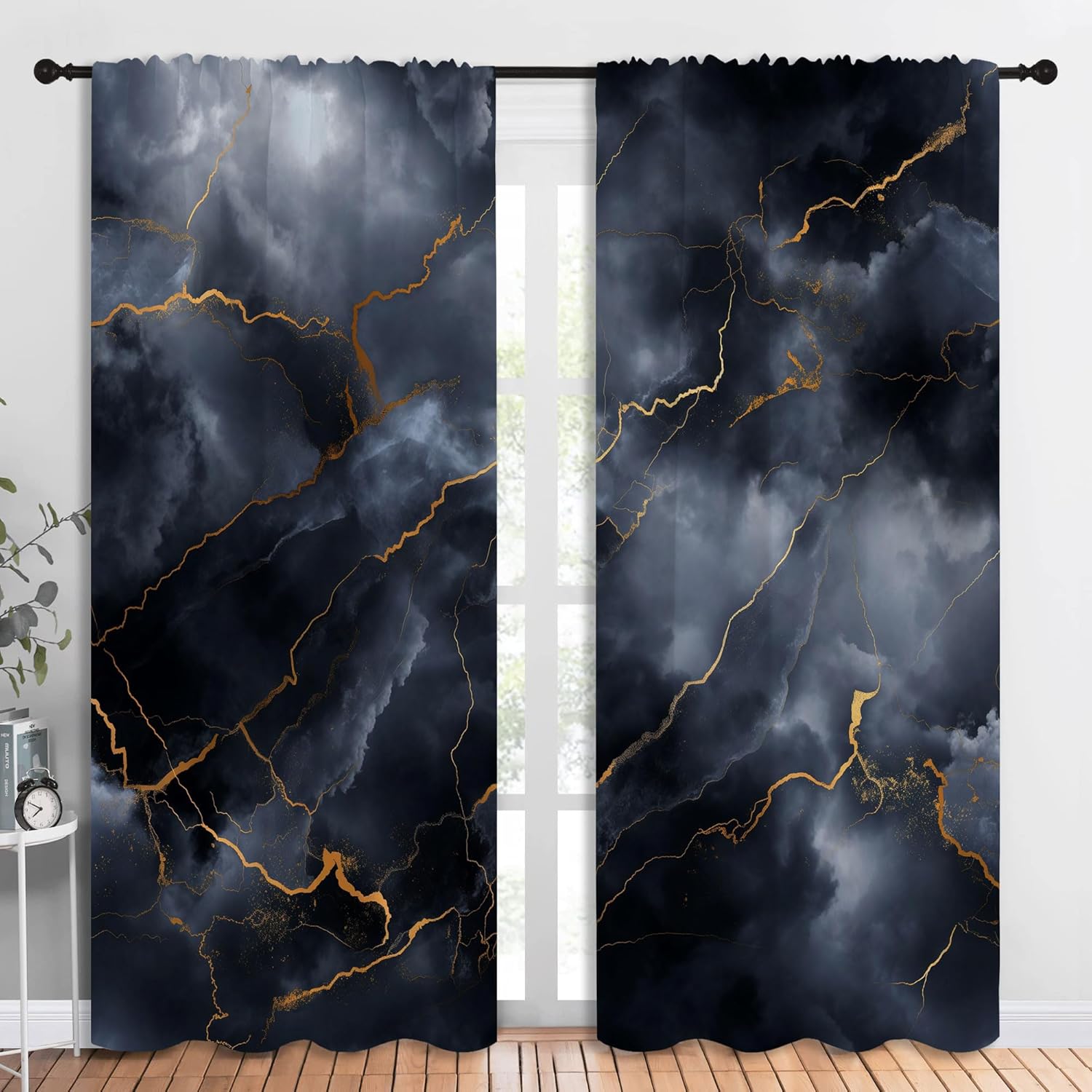 Marble Blackout Curtains for Boys Girl Bedroom Decor,Black Texture Golden Cracks Abstract Thermal Insulated Rod Pocket Drapes Darkening Window Curtain for Living Room Home 84x84 inch