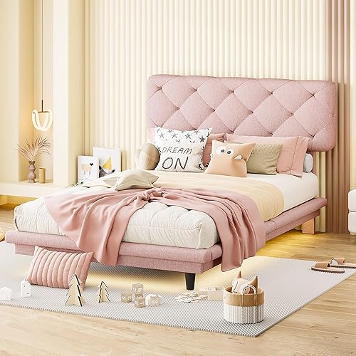 Miniatura 147 de Base de cama flotante tamaño Queen con luces LED y carga USB, marco de cama LED de plataforma tapizada moderna, no necesita somier (blanco-1)