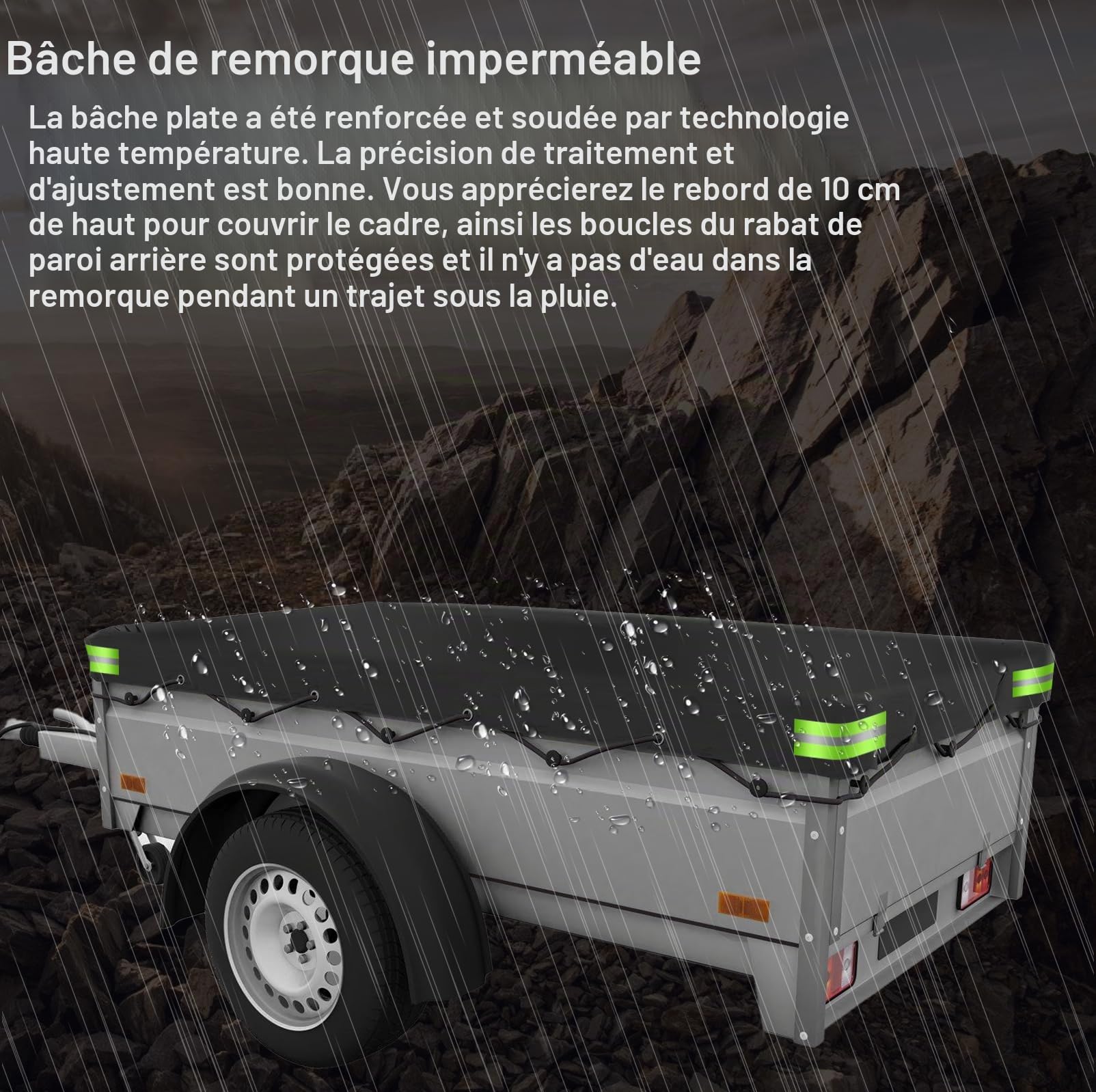 Bâche pour remorque, 214 * 122 * 13 cm, en matériau Oxford, imperméable, résistante au vent, avec œillets, bâche renforcée pour remorque, avec corde de tension pour remorque pour voiture (Noir)