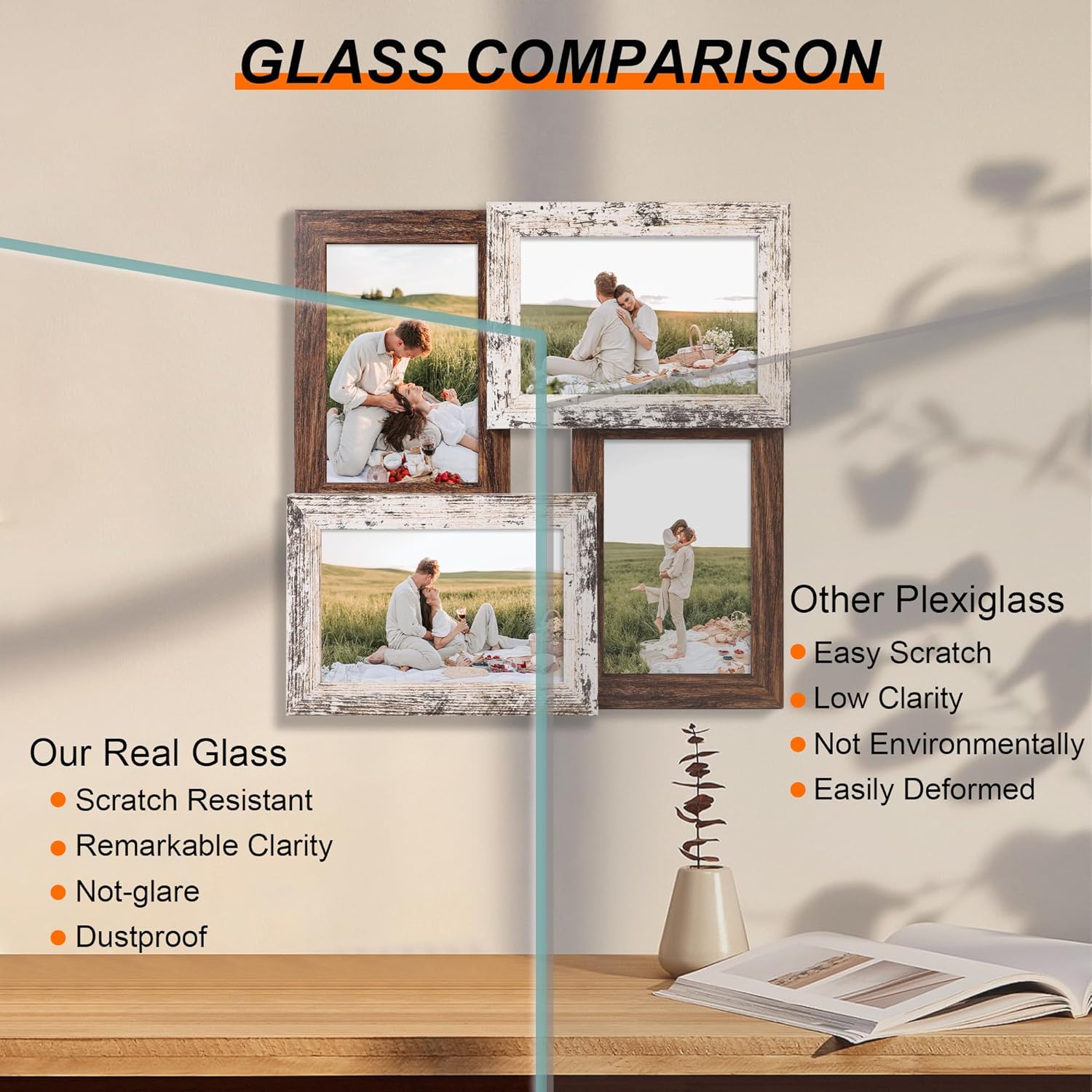 YESKAY 4x6 Collage Picture Frames, Multi Family Photo Frame with Real Glass, Displays Four 4x6 Photo, Wall Decor Wall Hanging or Tabletop, Distressed White+Rustic Brown