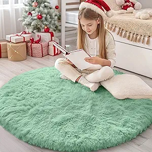 OLANLY Mint Green Round Rugs for Bedroom - Machine Washable, 4 ft Circle Area Rugs for Living Room, Soft and Fluffy Shaggy Carpet for Teen Girls and Boys, Nursery Rooms, Dorms, Home Decor Aesthetic