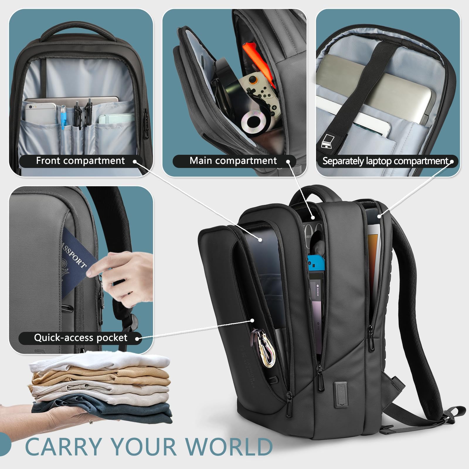 Mochila para Hombre Portátil con Puerto USB-C y USB-A, Gran Capacidad 24-28L, Resistente al Agua, Antirrobo, Ligera y Ergonómica para Trabajo