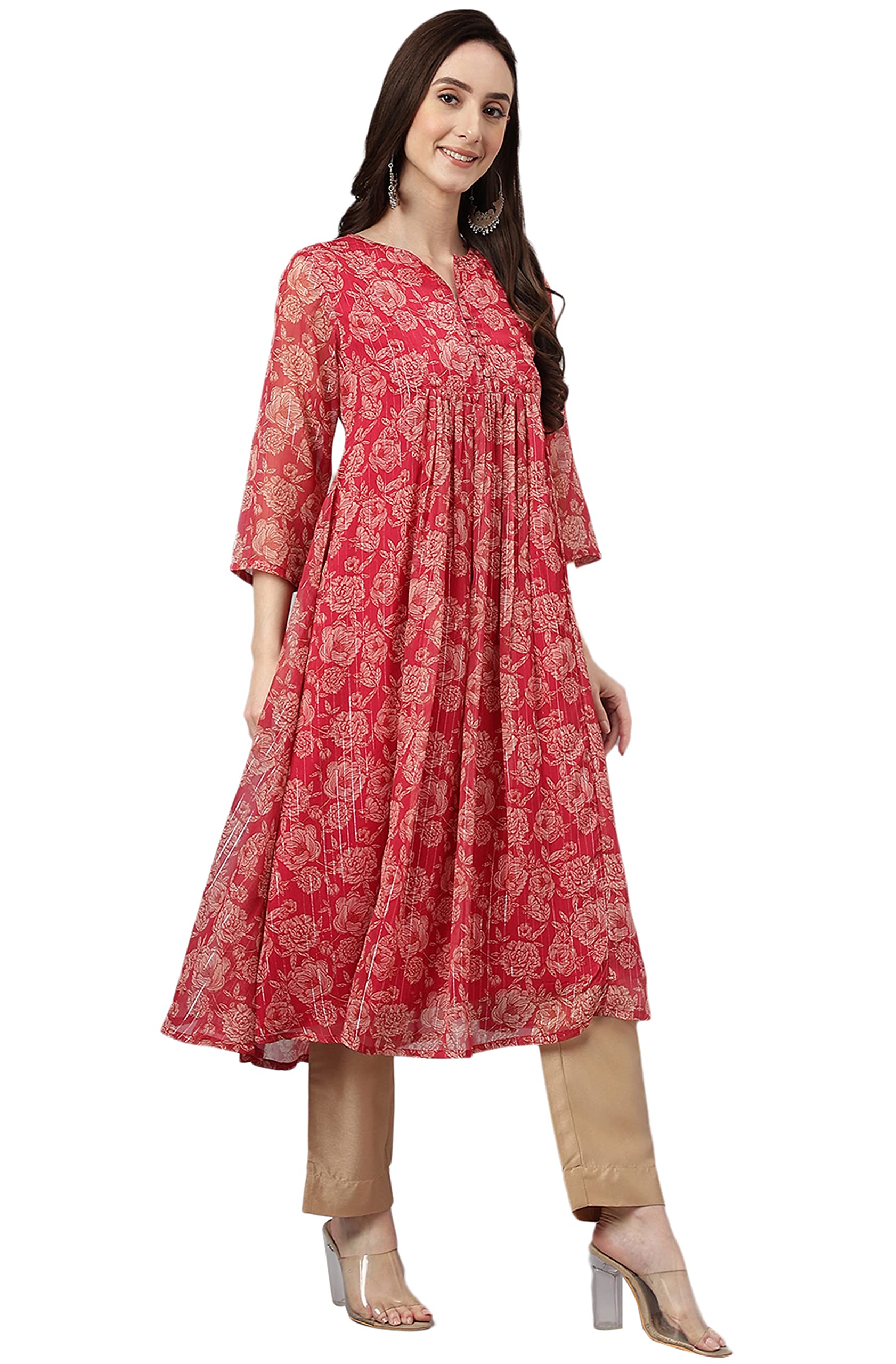 Janasya Women's Chiffon Lurex Floral Printed A-line Kurta product image 3