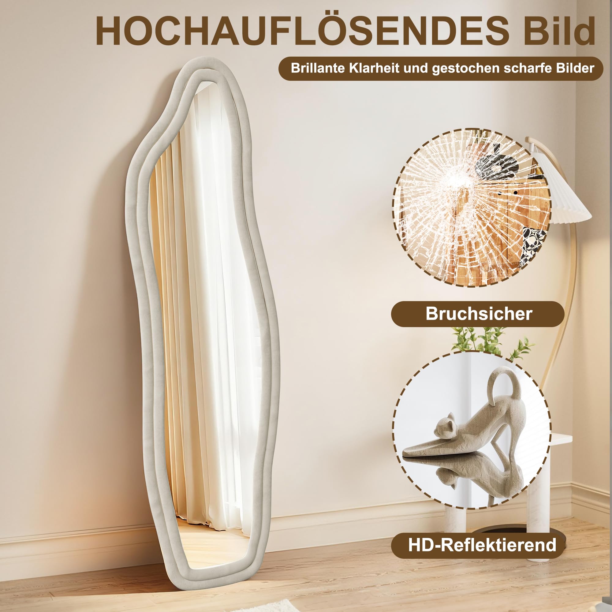 Asymmetrischer Spiegel 140x45 cm, Spiegel Organische Form, Modern Ganzkörperspiegel Standspiegel, Gewölbter Bodenspiegel, Dekorative Wandspiegel Für Wohnzimmer Schlafzimmer Eingangsbereich