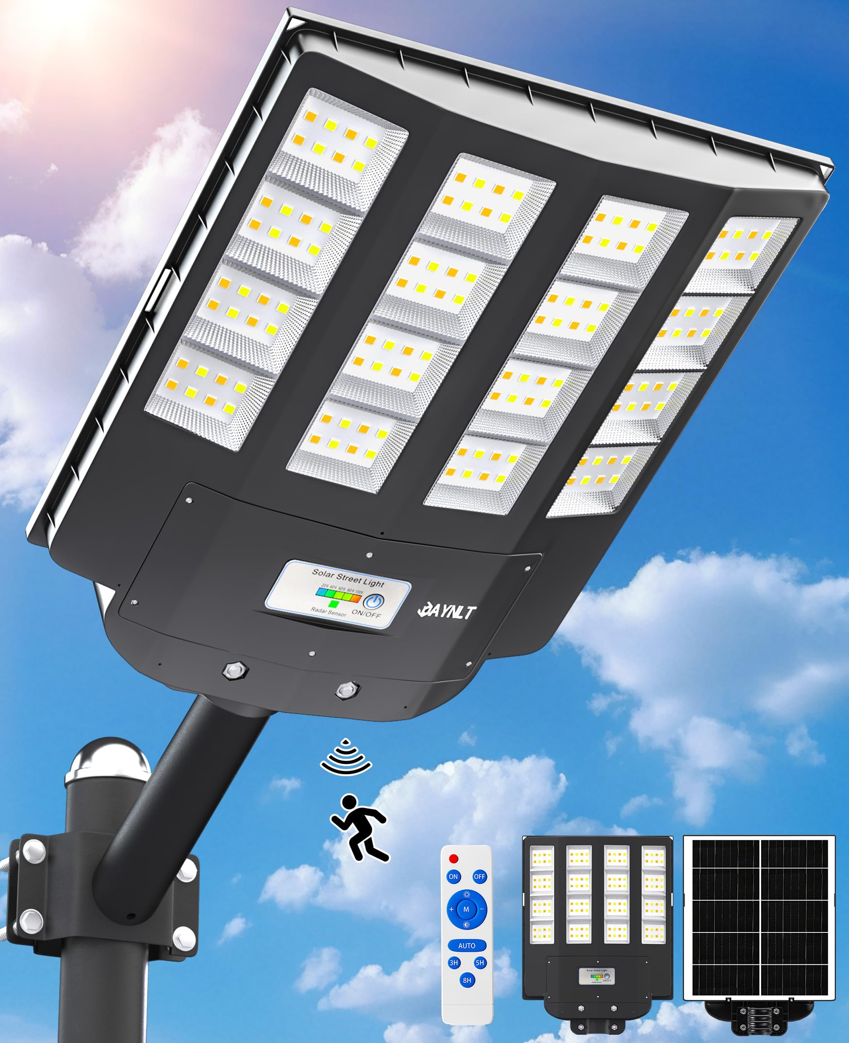 JAYNLT Y-4000W Lampione Solare da Esterno, Faro led Esterno con Sensore di Movimento e Telecomando, 3000K/4000K/6500K Lampioni Stradale Solare IP67 per Cortili, Garage, Fattorie