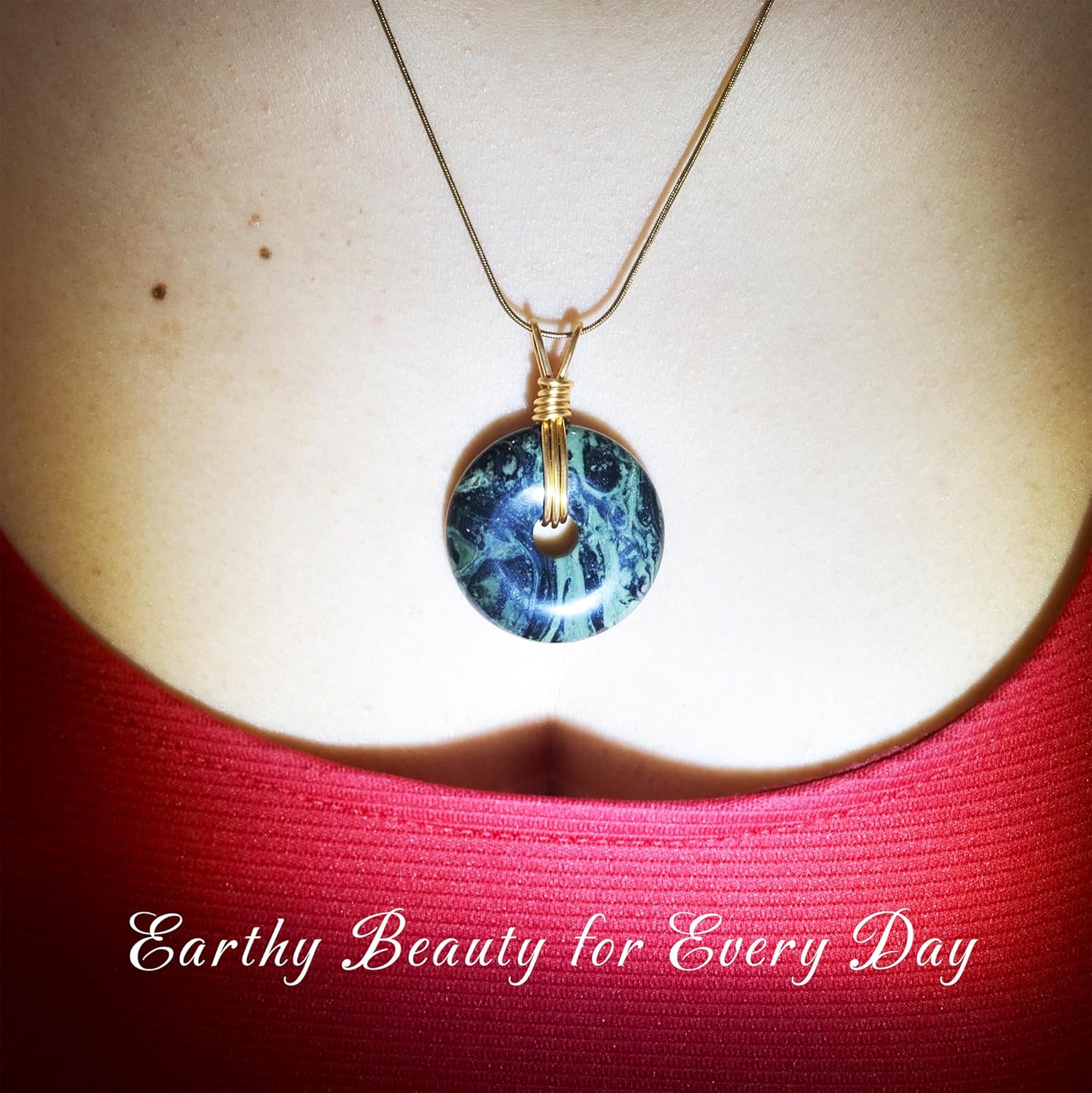 Handmade Moss Agate, Gem Lepidolite,Golden Sheen Obsidian And Sliver Sheen Obsidian Pendant Necklace - Good Energy Crystal Holder with Gold Chain, Vintage Copper Wire Jewelry for Men & Women, Chakra Healing Donut Charm, Perfect Vacation Essential & Friendship Gift, Special Birthday, Anniversary Jewelry