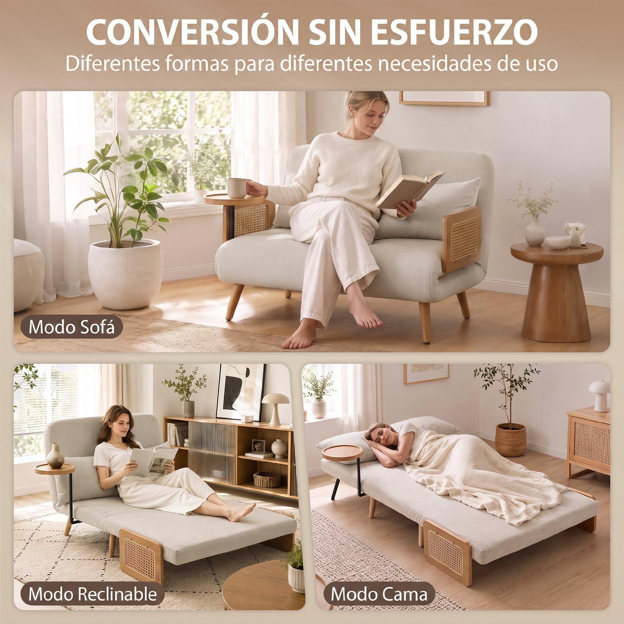 HOMCOM Sofá Cama 2 Plazas Convertible 3 en 1 131x78x82 cm Blanco Crema | Sofá Cama Plegable, Tapizado Chenilla, Respaldo Ajustable, Mesa Lateral de Madera, 2 Almohadas con Funda Lavable