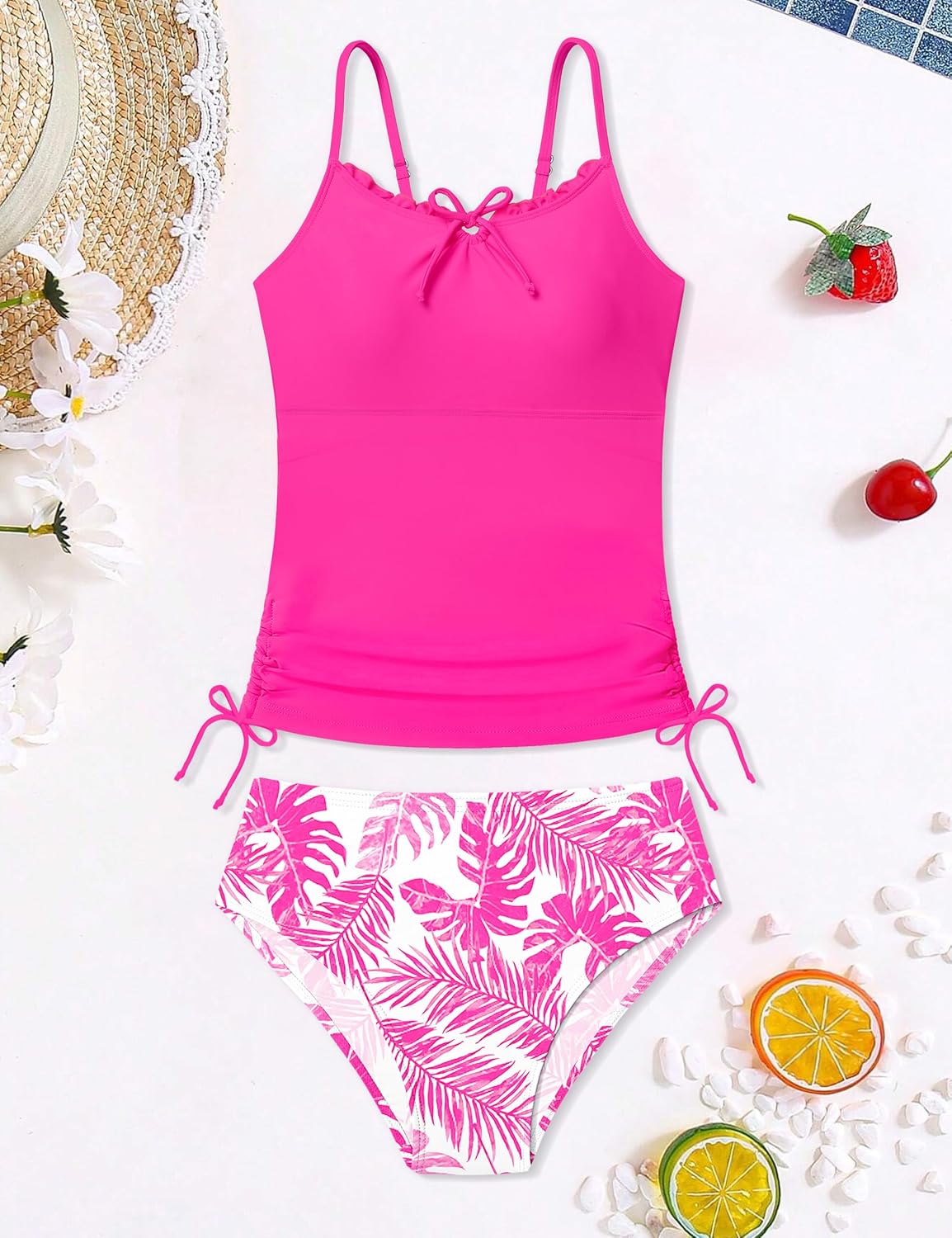 DONWEN Girls Tankini Swimsuit 2 Piece Side Drawstring Tropical Print Bow Tie-Up Girl Bathing Suit for 9-16Y - Image 5
