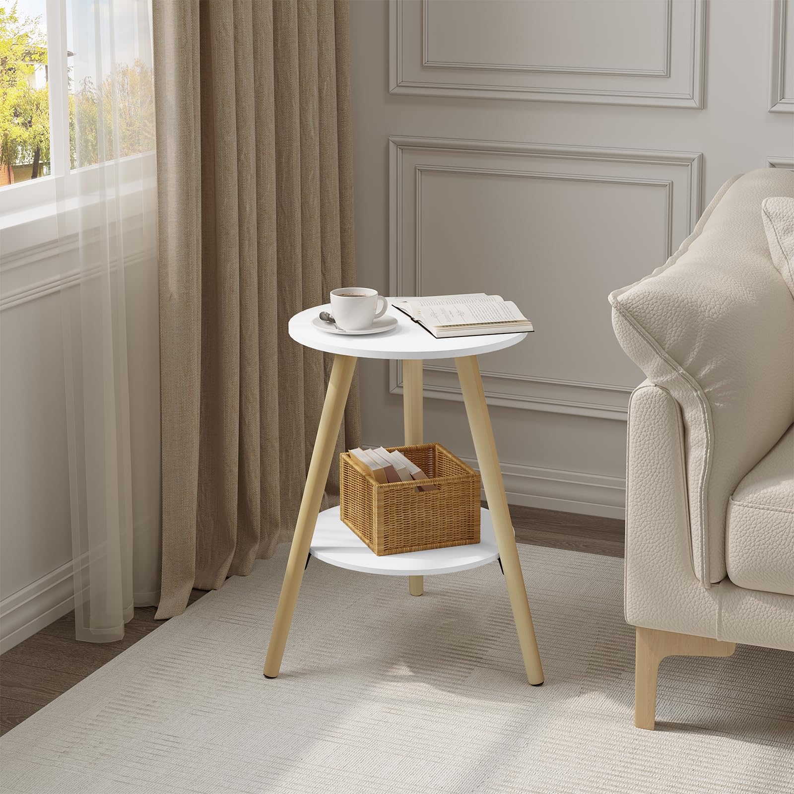 EUGAD Tavolino da Salotto a 2 Ripiani, Tavolino Rotondo, con Gambe in Legno Massiccio, per Camera da Letto, Soggiorno, in MDF, 38x38x55 cm