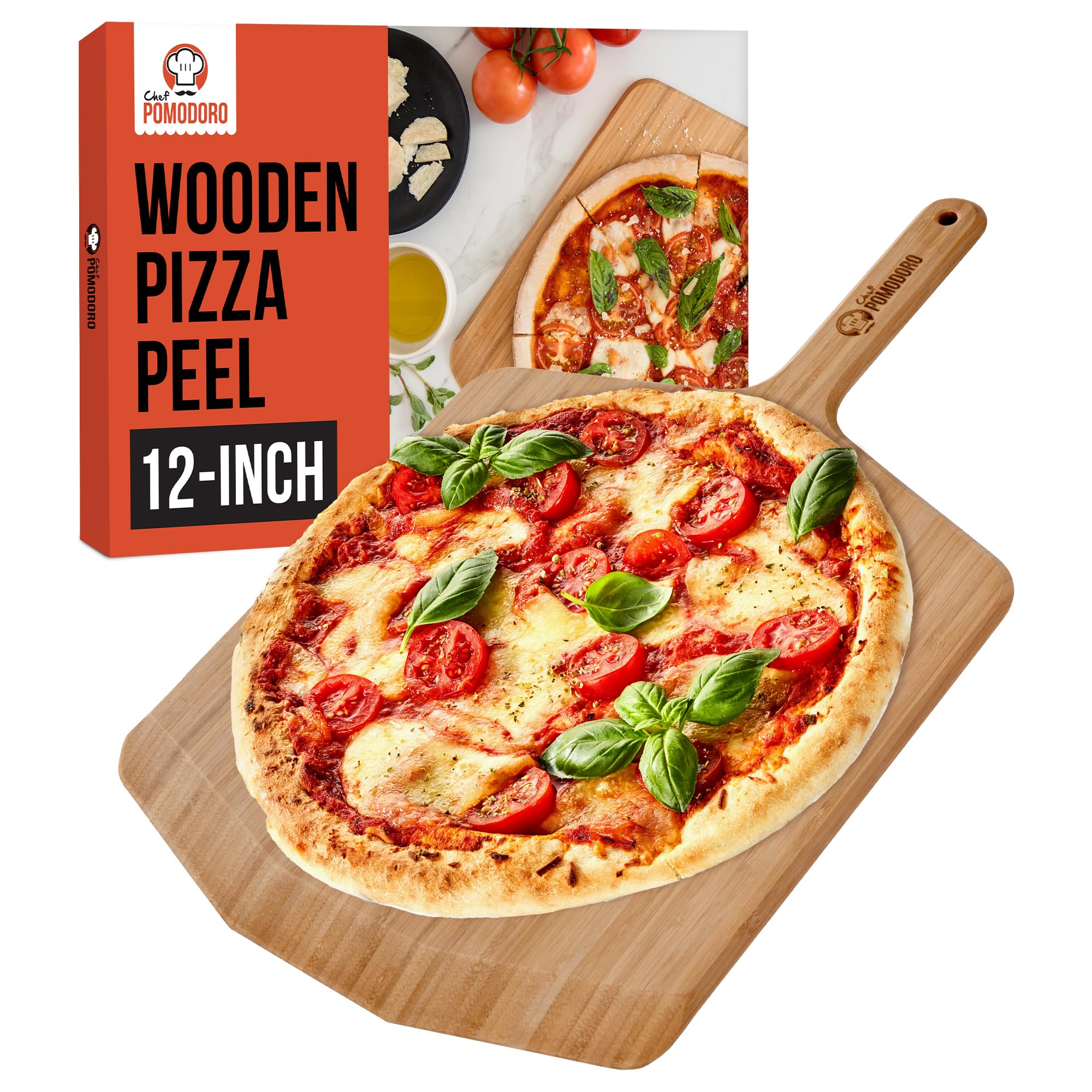 Chef Pomodoro12-inch Bamboo Pizza Peel, Wooden Pizza Peel 12 Inch, Homemade Wood Pizza Peel with Handle, Pizza Oven Accessories, Spatula Gourmet