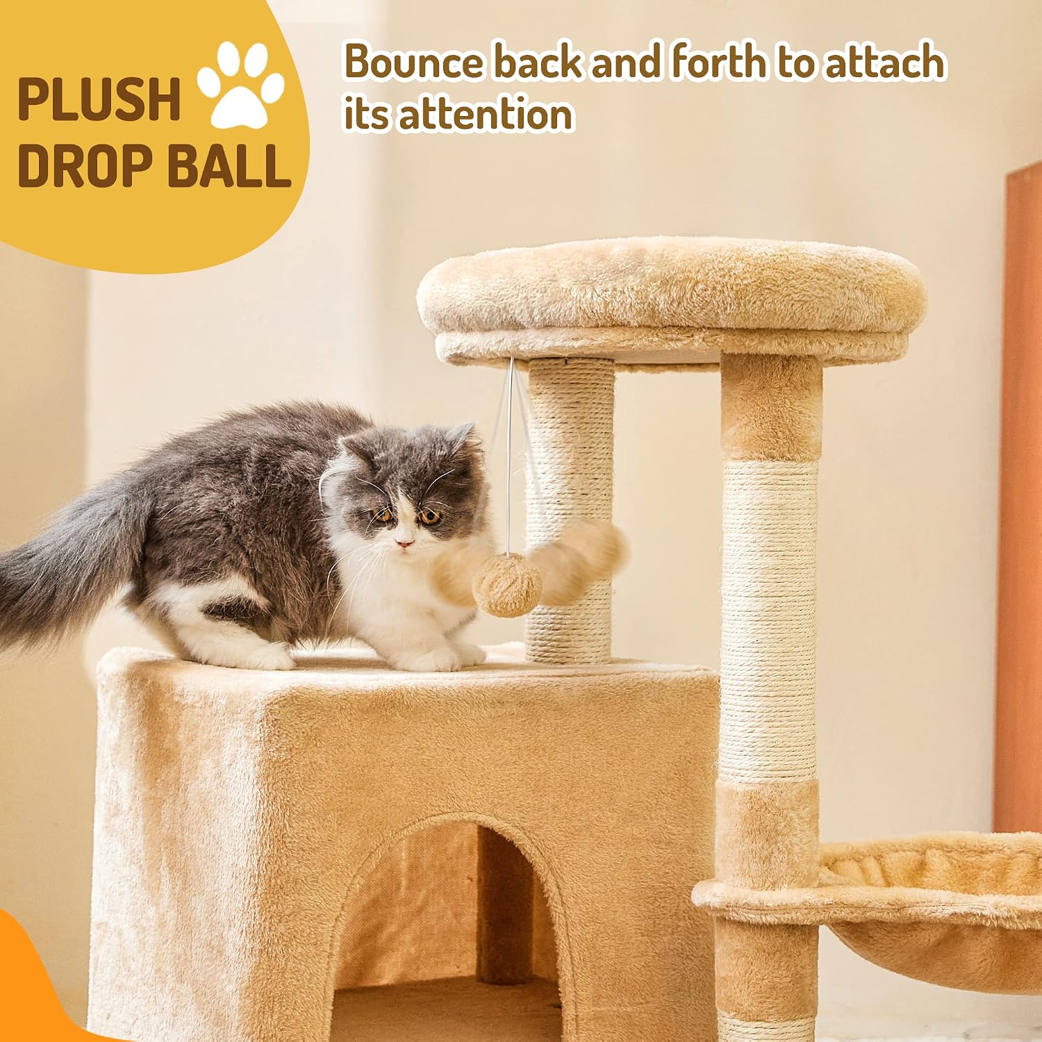 MeowHomm 35" Cat Tree for Indoor Cats, Cat Trees and Towers for Cats with Cat Condo, Sisal Scratching Post, Spacious Perch, Jump Platform, Scratching Board and Hanging Ball (Yellow-1)