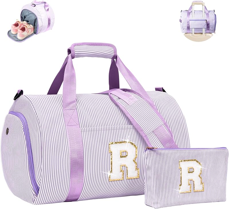 Gifts for Teenage Girl, Girls Travel Duffle Bag, Kids Initial Gift | Overnight Duffel Bags with Shoe Compartment, Personalized Dance Bag with Cosmetic Pouch, Holiday Gift for Grandkid (Letter R)