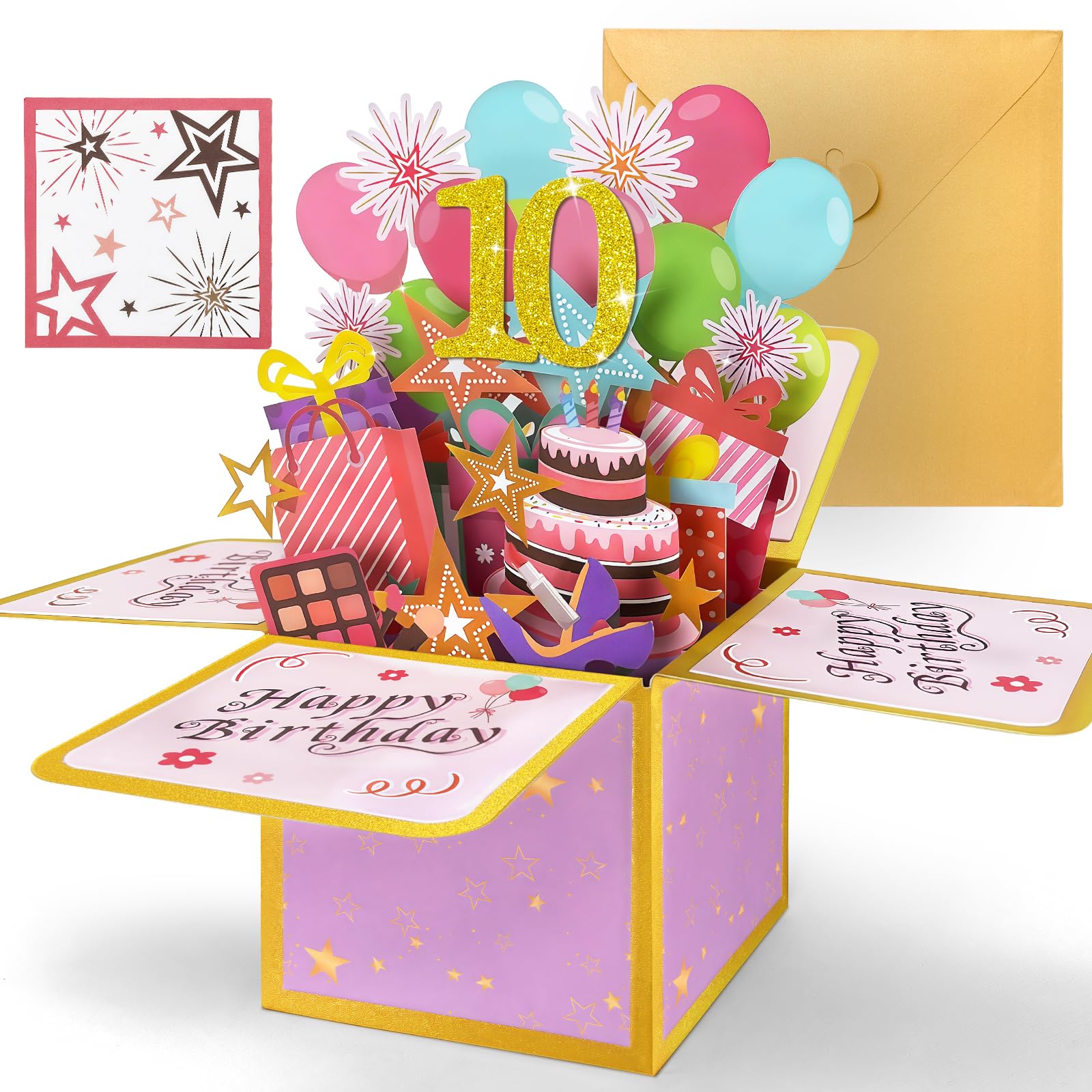 Hierein 10th Birthday Card, Pink Pop Up 10th Birthday Cards for Girl, 3D Sweet Happy Birthday Card, Popup Gift Box Greeting Cards for 10 Year Old Daughter Granddaughter Sister Niece Gift Decoration