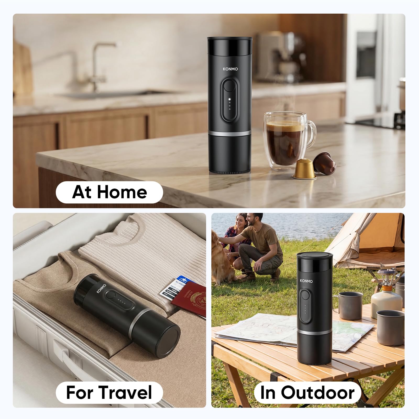 Máquina de café espresso portátil para viajes, mini cafetera funciona con cápsulas y café molido, recargable por USB-C para acampar al aire libre, coche, caravana, viajes de negocios