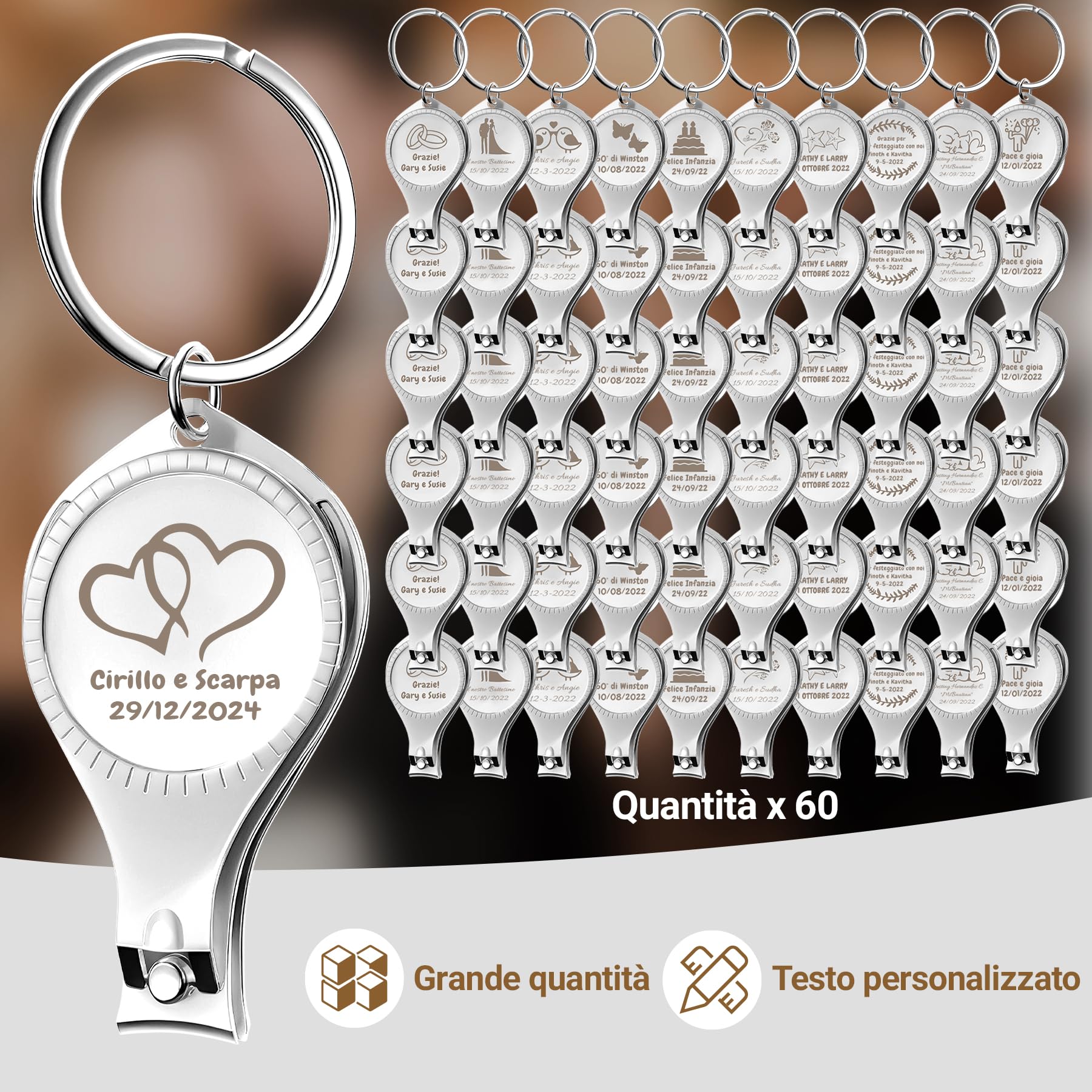 60 pezzi personalizzati 4 in 1 apribottiglie multifunzione, tagliaunghie, bomboniere per matrimoni birrificio, privati personalizzati, argento, regali multiuso per uomo