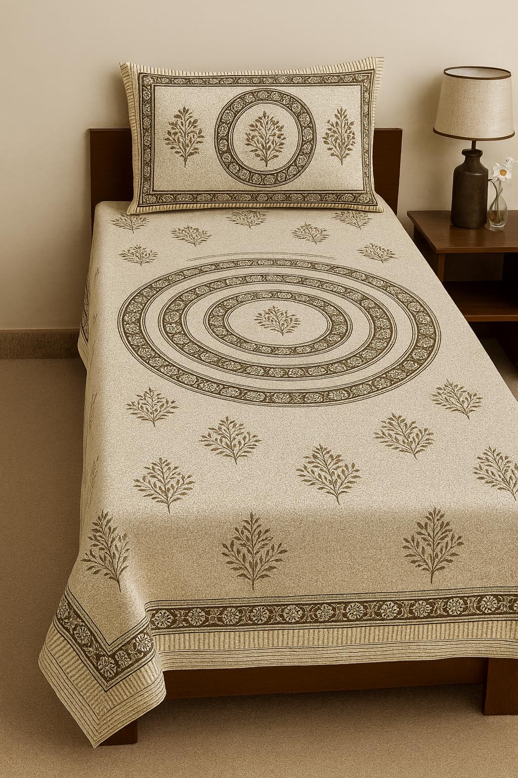 Traditional Block Print Cotton Bedspread Set with Matching Pillow Cover, Beige and Brown Floral Medallion Pattern, Single Size-picture-15