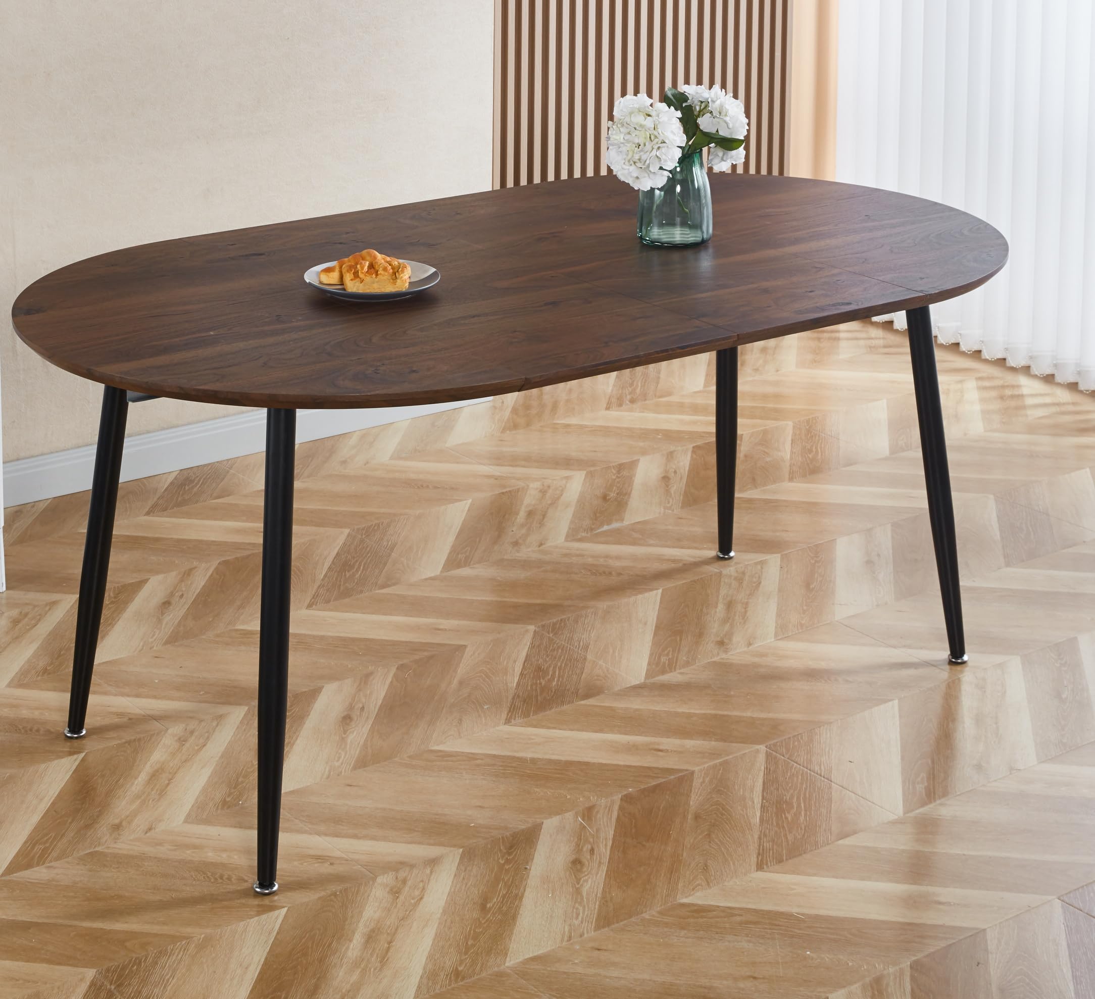 Black Metal Leg Extensible Coffee Table - Walnut Color Surface, 100/140/180x100x75cm, Ideal for Home and Office Decor