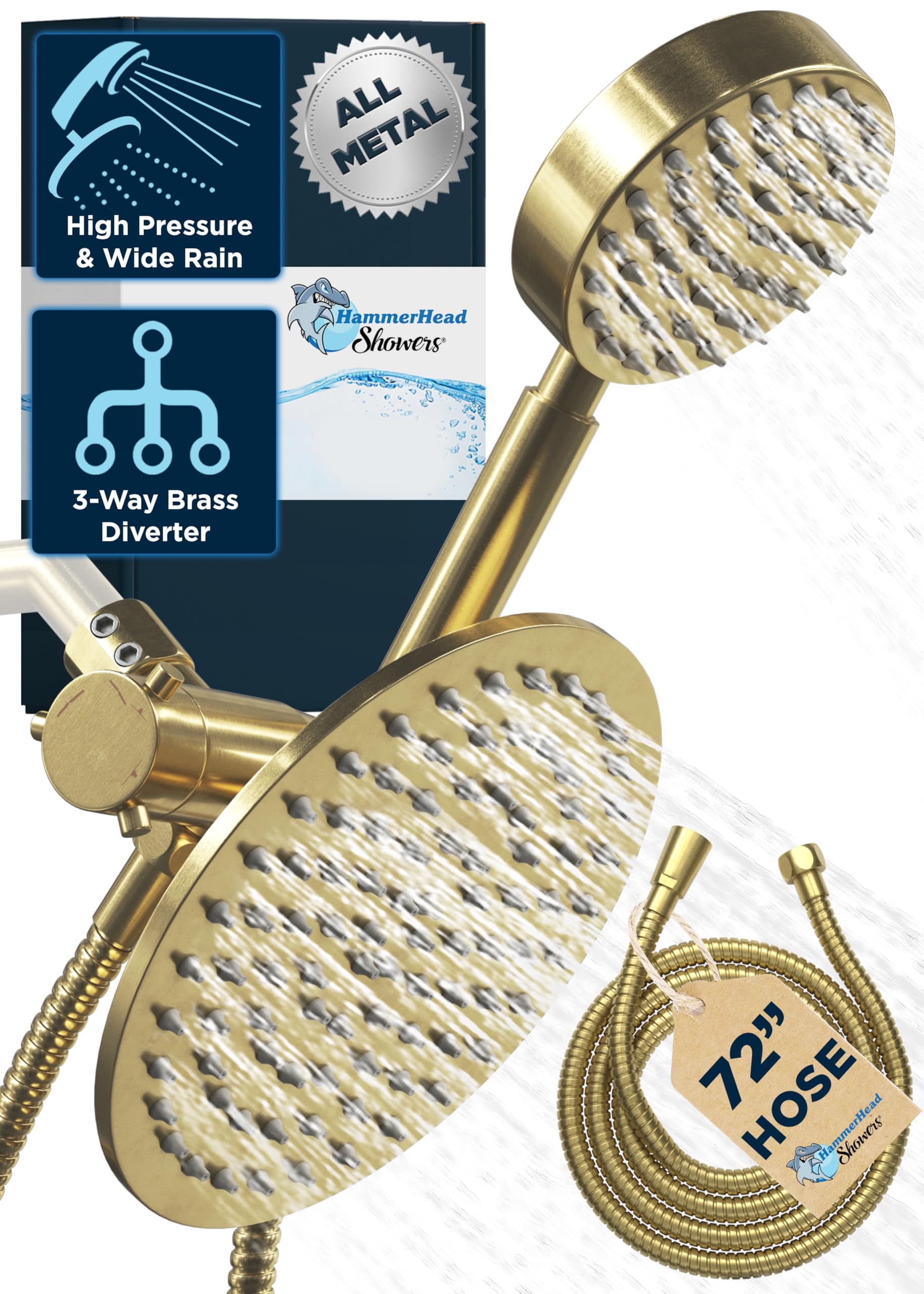 HammerHead Showers® ALL METAL Dual Shower Head Combo – BRUSHED GOLD – 8 Inch Rainfall High Flow Shower Head & Handheld Shower Head High Pressure with Hose 6ft - Hotel-Like Double Shower Heads