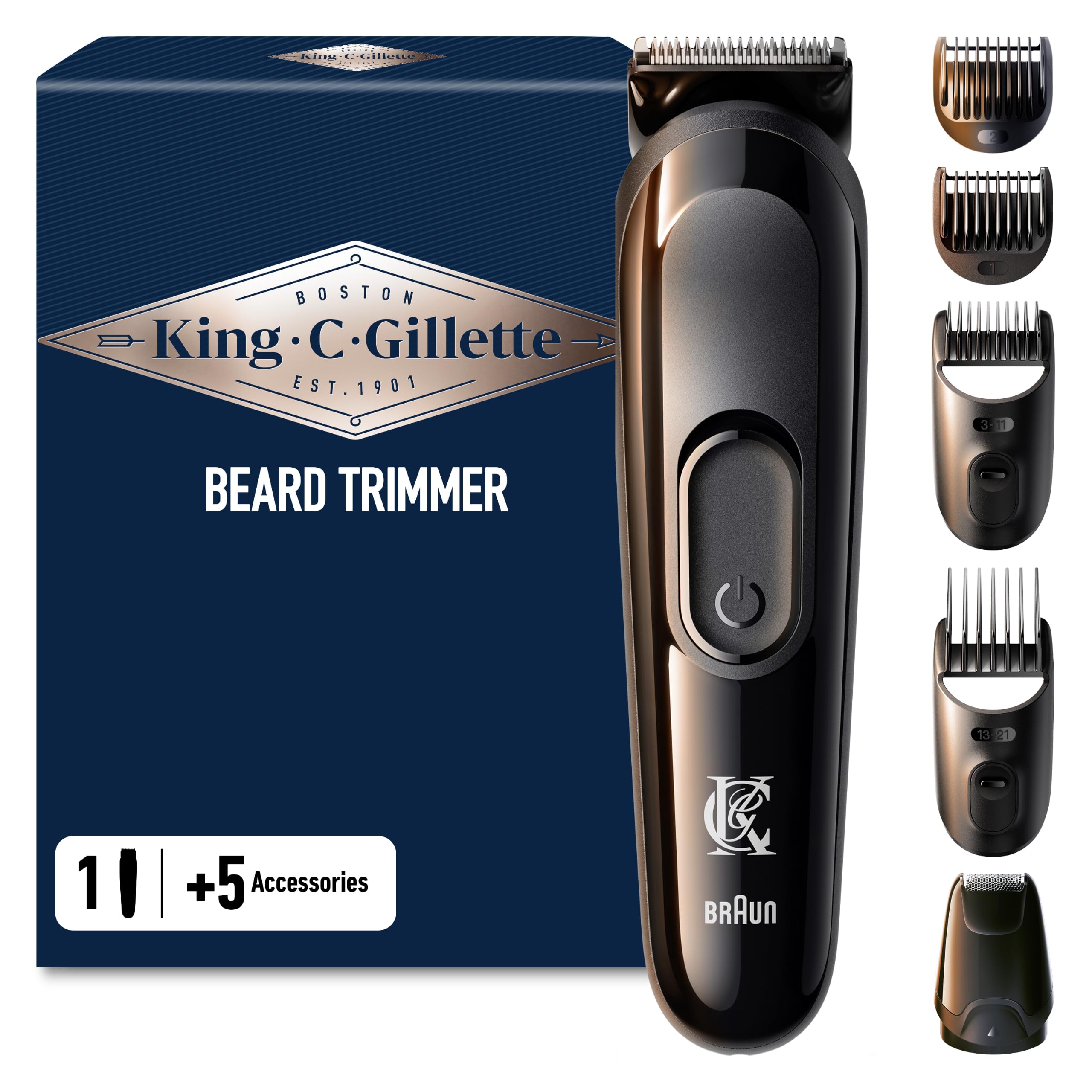 King C. Gillette Elektrischer Bartschneider Herren, Kabellos mit Ultrascharfe Lebenslang Klingen, 4 Verschiedenen Kammaufsätzen für Den Dreitagebart, Kurzes, Mittellanges Und Langes Barthaar