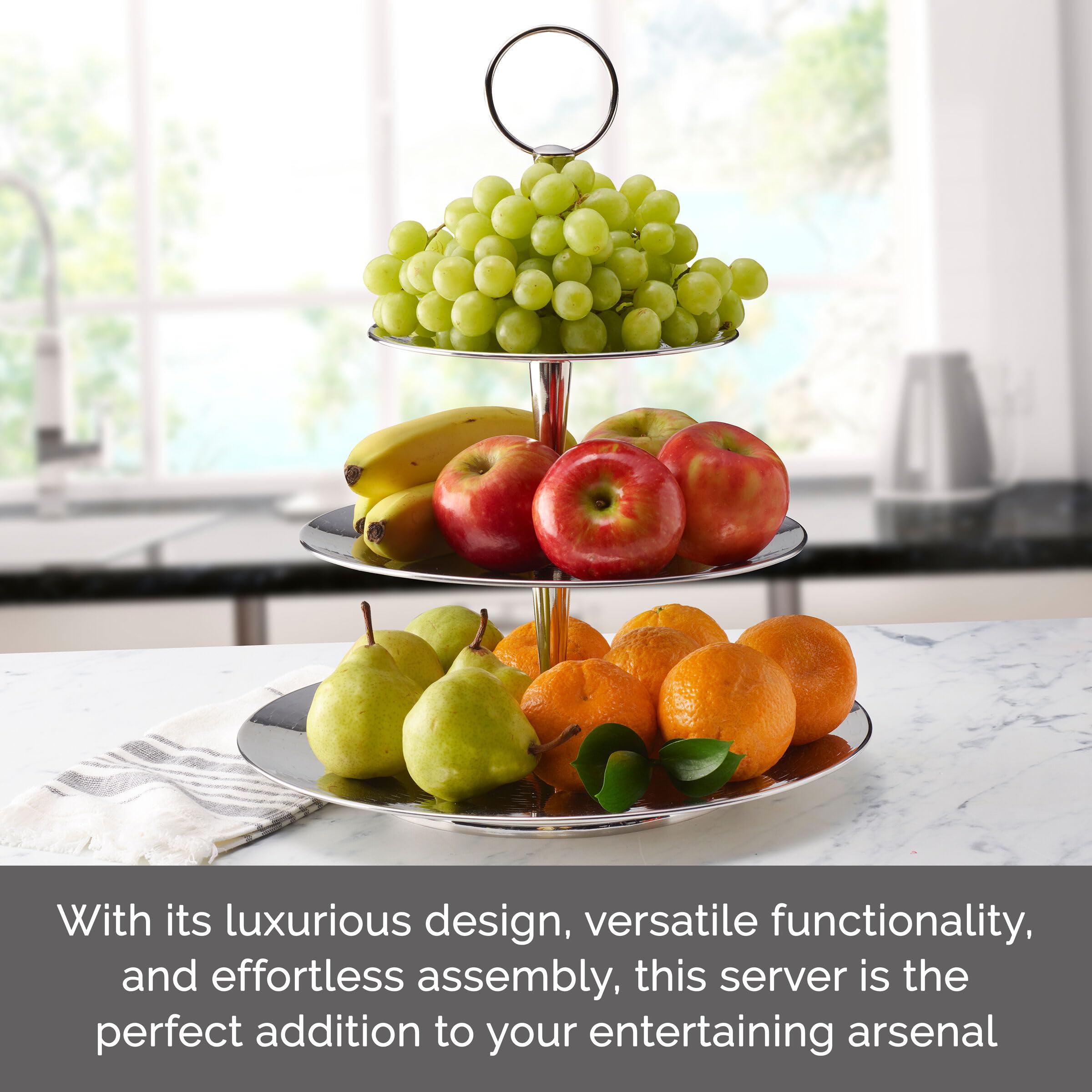 Mikasa Servidor texturizado de acero inoxidable de 3 niveles con acabado pulido y mango de anillo, elegante soporte de servir escalonado para postres, aperitivos y exhibiciones de entretenimiento