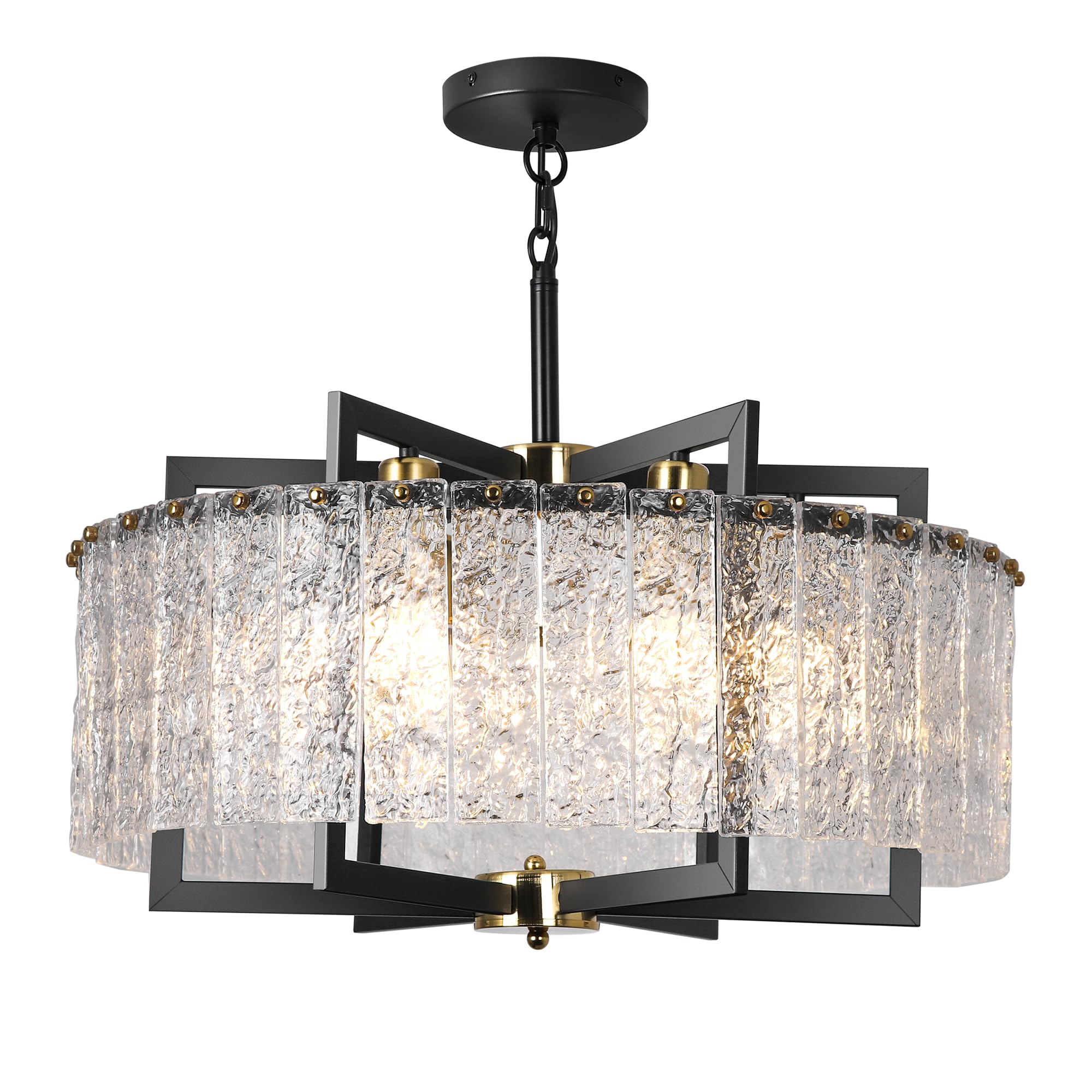 Modern Round Crystal Chandeliers for Dining Room, 24" Black Crystal Vintage Ceiling Lighting Water Ripple Glass for Kitchen Island Living Room Bedroom Hallway Foyer