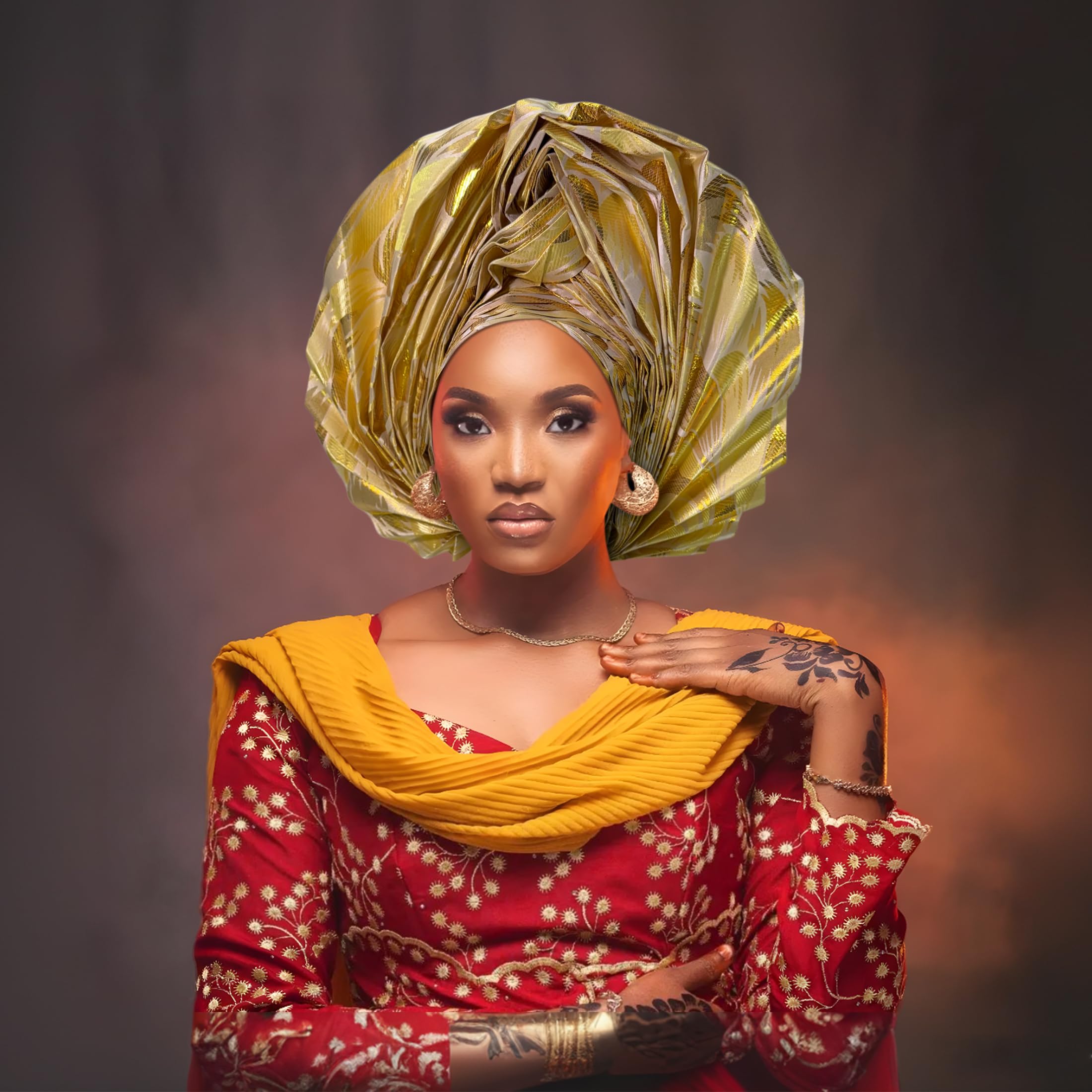 Nigerian Women's hat Folding Fan African Headscarf hat,Auto Gel Headwear,Suitable for Weddings,Parties,and Special Occasions (Golden)