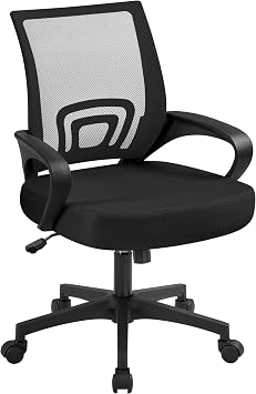 Yaheetech Mid Back Mesh Computer Office Desk Chair Adjustable Swivel, Black | Breathable mesh back and foam padded seat for comfortable work at home or office; steel frame holds 300 lb, easy assembly.