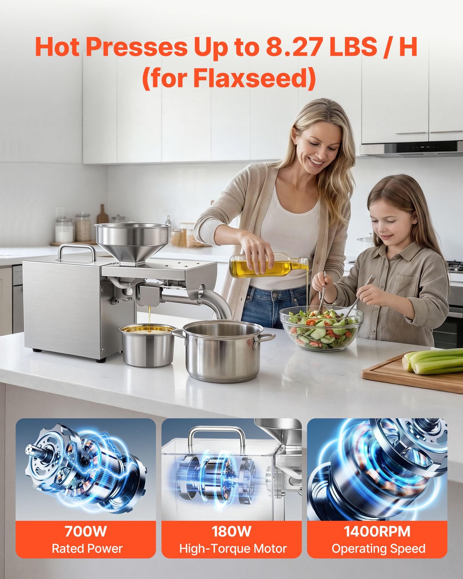 VEVOR Prensa de Aceite Eléctrica 700 W, Máquina de Prensado de Aceite 3,75 kg/h, Prensado en Caliente a 230 °C, Extractor de Acero Inoxidable, Uso Doméstico y Comercial, para Cacahuetes, Soja