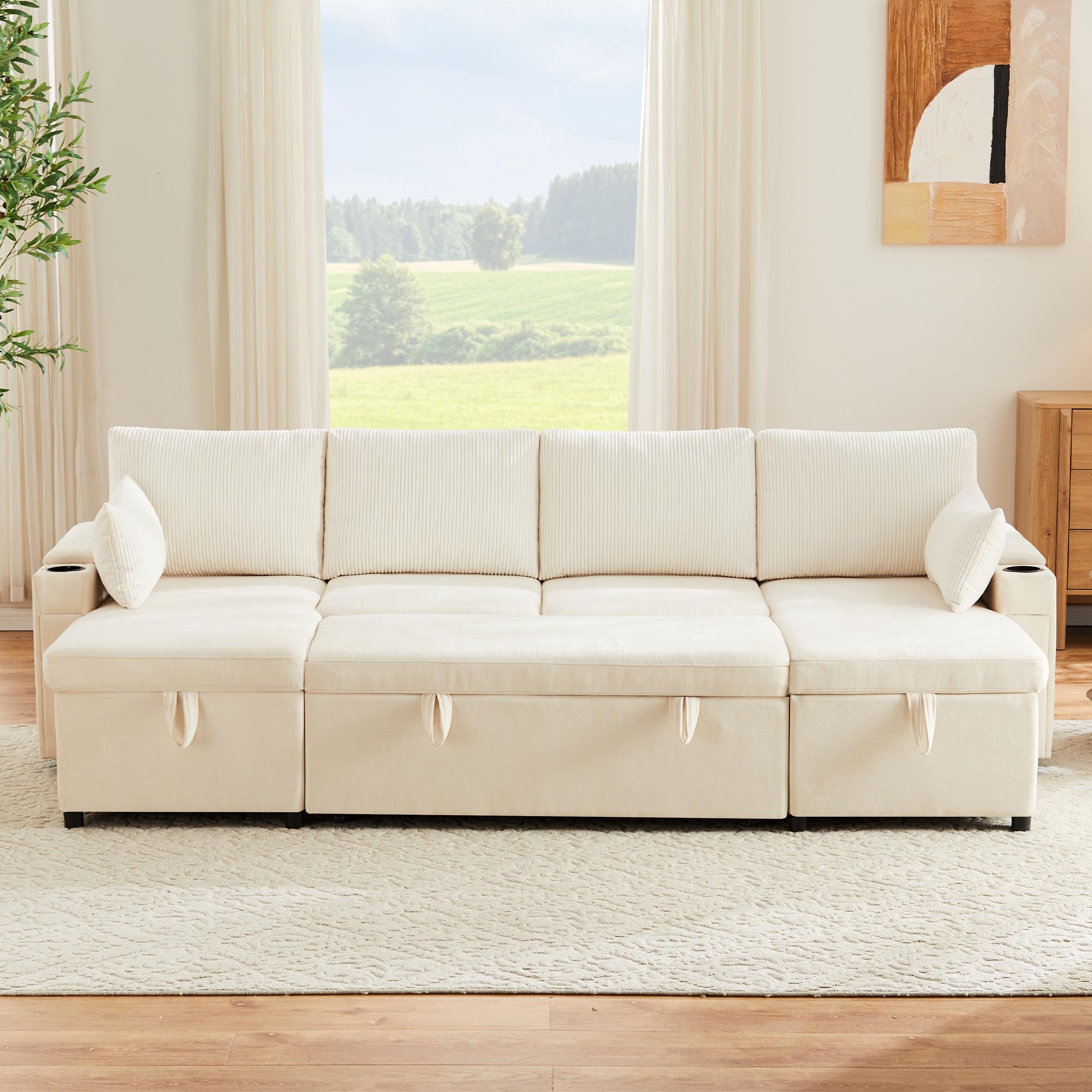 Sofá de esquina en forma de U de terciopelo acanalado con cama para invitados extraíble, sofá moderno de 4 plazas con compartimento de almacenamiento, portavasos y función de cama, asiento tipo chaise