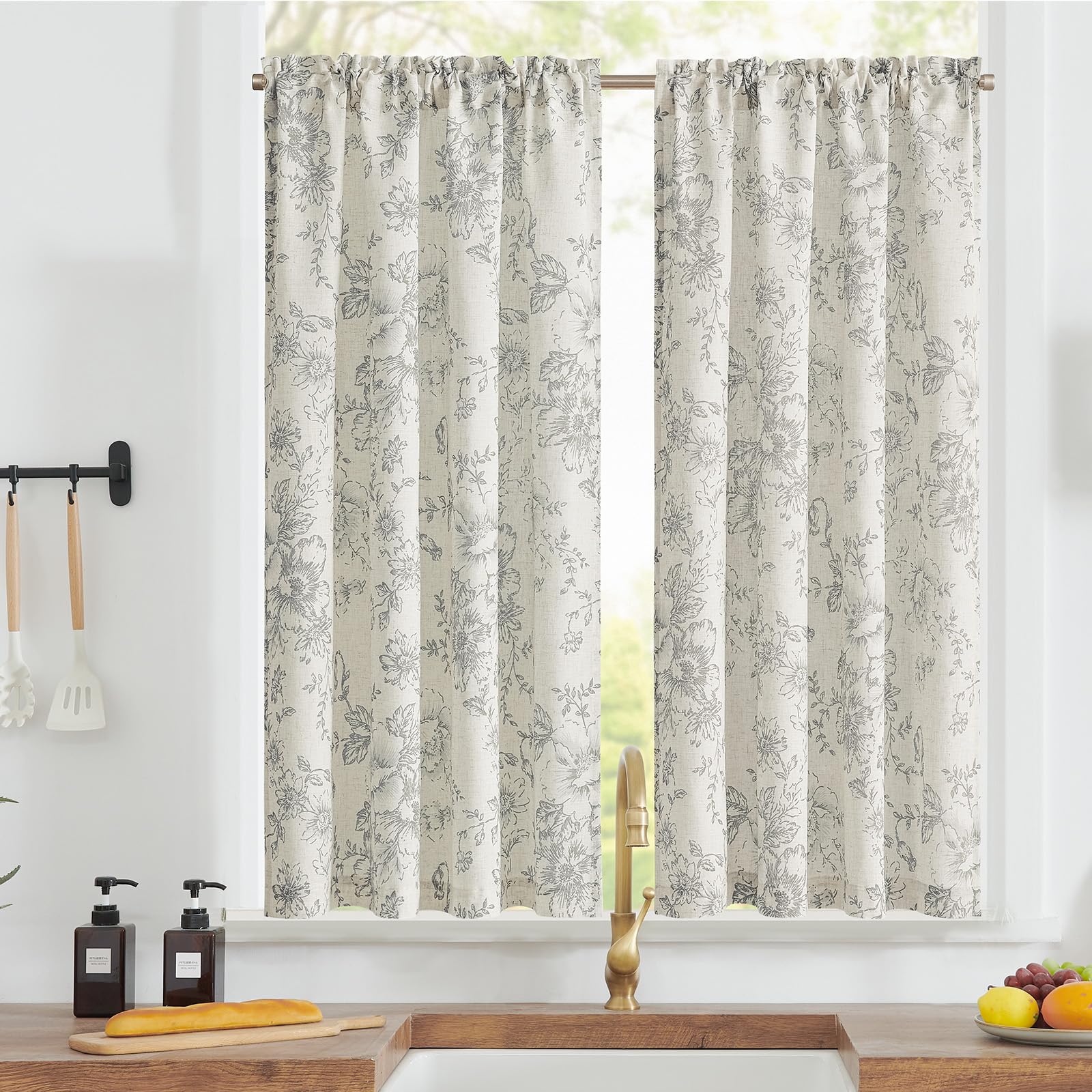TOPICK Linen Blend Grey Floral Kitchen Curtains 45 Inch Drop Small Cafe Curtains Light Filtering Short Curtain Tiers for Bathroom Sink Rod Pocket 2 Panels, W36 x L45 Inch