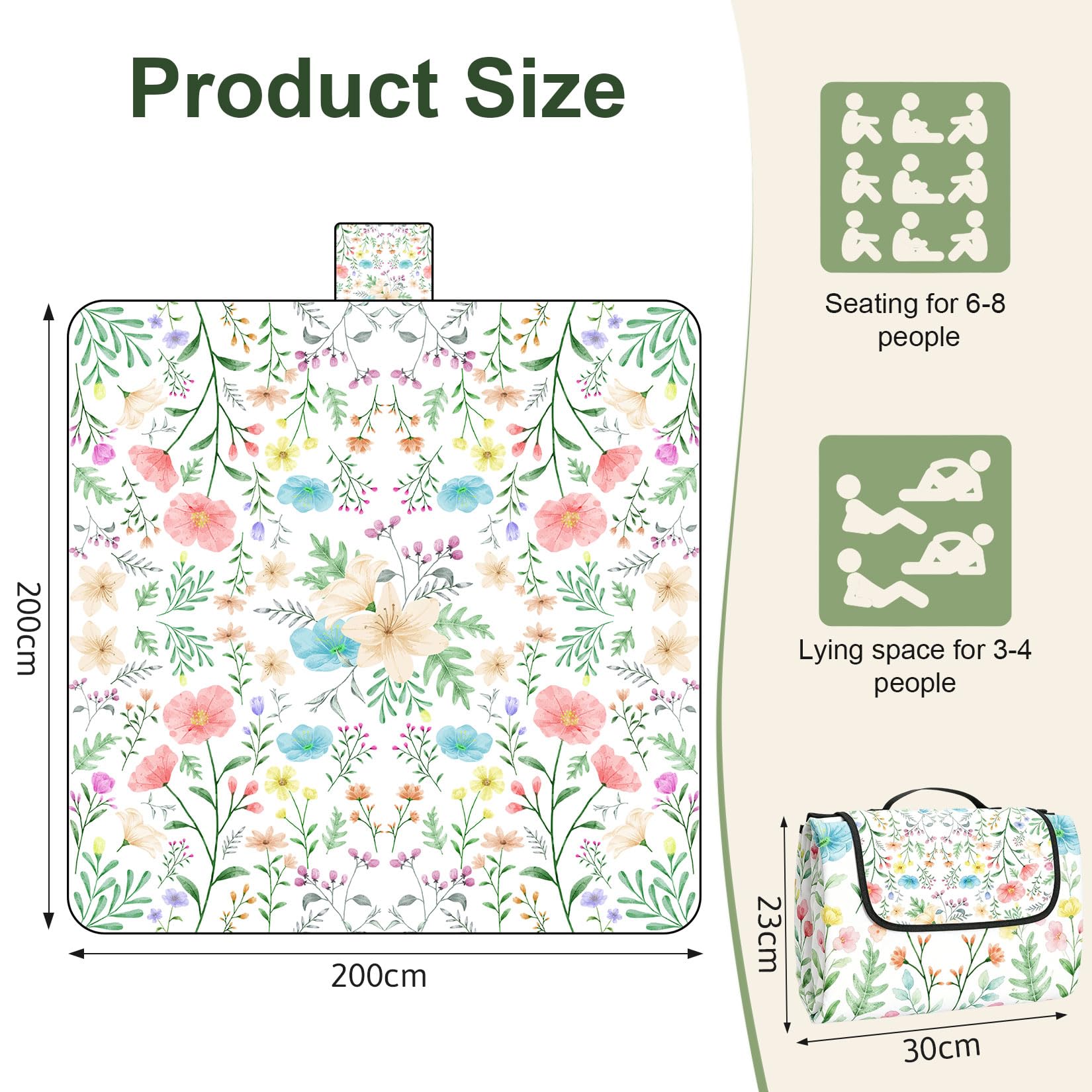 Couverture de pique-nique - 200 x 200 cm - Extra large - Imperméable - Lavable en machine - Couverture de pique-nique - Couverture de plage pour plage, pique-nique, jardin (fleurs)