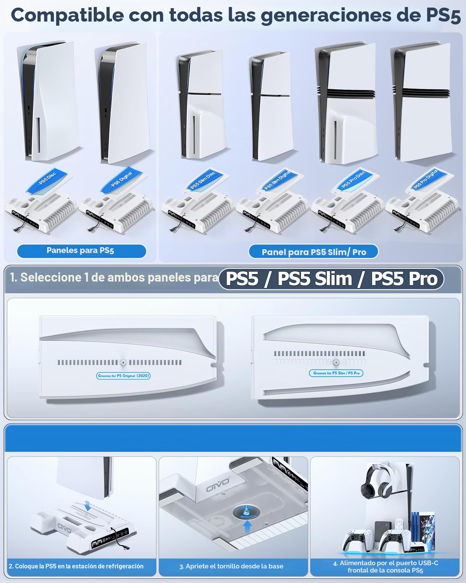OIVO Soporte para PS5/PS5 Slim/PS5 Pro con Ventilador de 3 Velocidades, Cargador para Mando PS5, Soporte PS5 Vertical con 3 Puertos USB y Ranuras de 14 Juegos, Almacenamiento para PS5