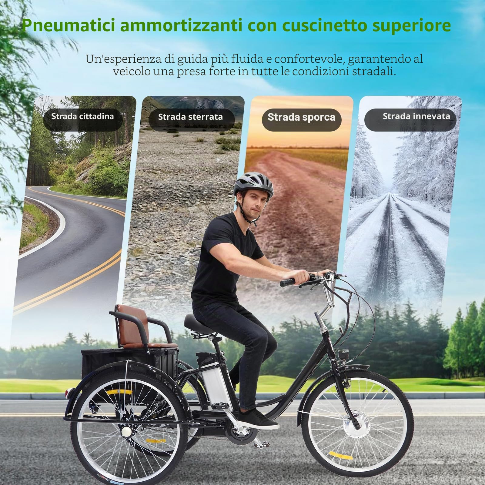Triciclo elettrico per adulti, 24 pollici, con batteria al litio da 36 V 12 Ah e cestino multifunzione sul sedile posteriore, carico massimo 150 kg, pedalata assistita e motore elettrico. (white)