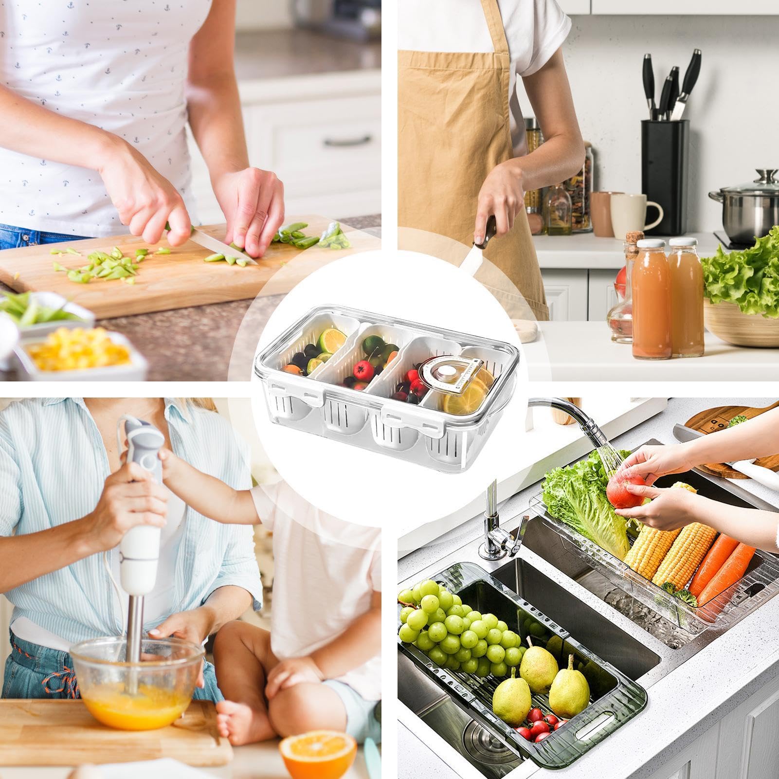 Porta Snack Con 4 Scomparti E Coperchio A Scatto - Contenitore Per Frutta, Verdura E Picnic - Adatto Al Frigo - 3