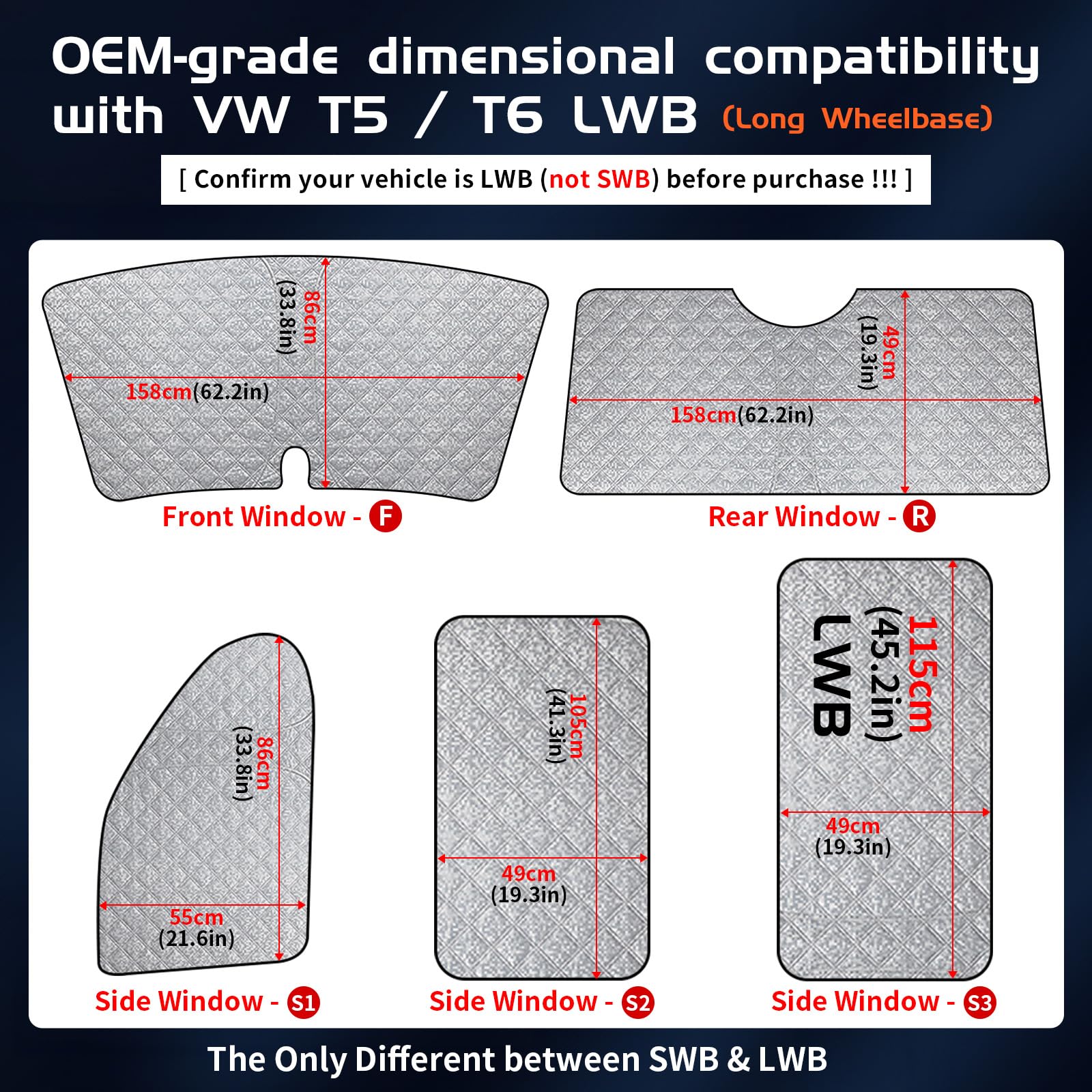 Set di 8 tende termiche interne adatte per VW T5/T6 Van LWB (passo lungo), versione spessa con retro nero, materiale resistente multistrato, effetto riflettente argentato, facile da riporre