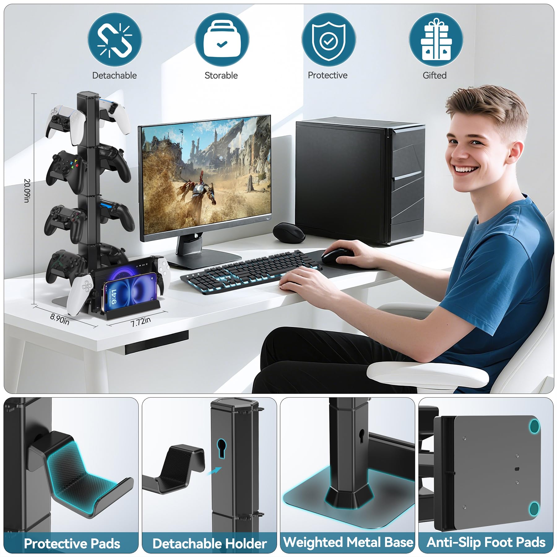 Supporto Per Controller Gaming 4 Livelli Con Cestino Girevole – Compatibile PS5, PS4, Xbox, Switch, PC E Cuffie