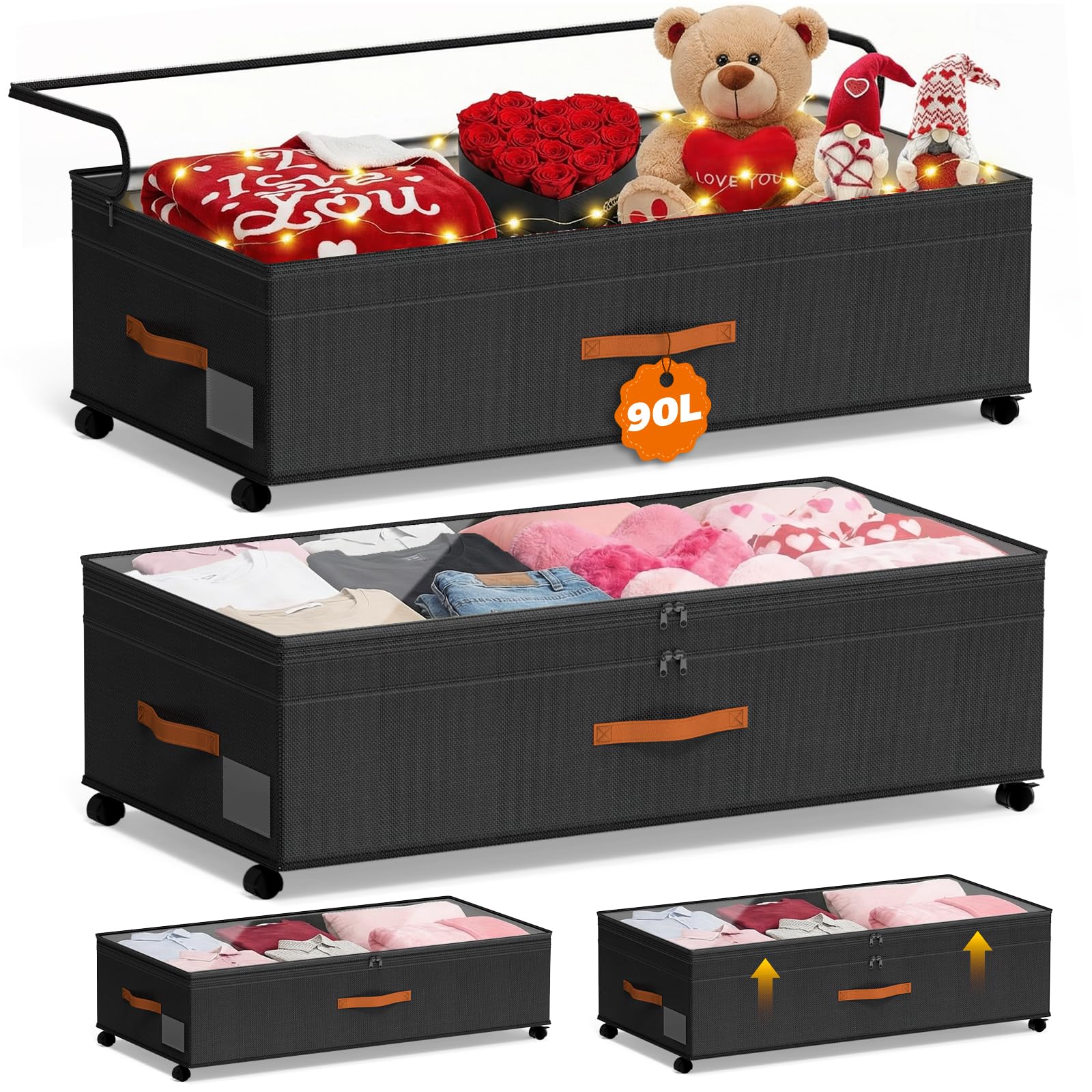 Photo 1 of powerful xishan Under Bed Storage with Wheels, 35.5 inches Underbed Storage Large Capacity Under Bed Rolling Containers, 2 Pack Under the Bed Storage for Clothes, Shoes, Blankets (Deep Black)