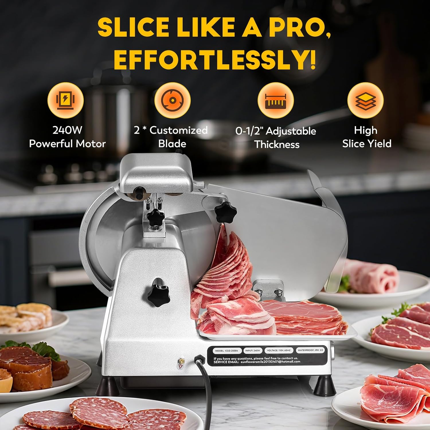 CGOLDENWALL Meat Slicer, 240W Electric Deil Food Slicer with 2 Removable 10" Blades, 0-1/2" Adjustable Thickness Semi-Auto Frozen Meat Slicer for Home & Commercial, Copper Motor Low Noise Durable