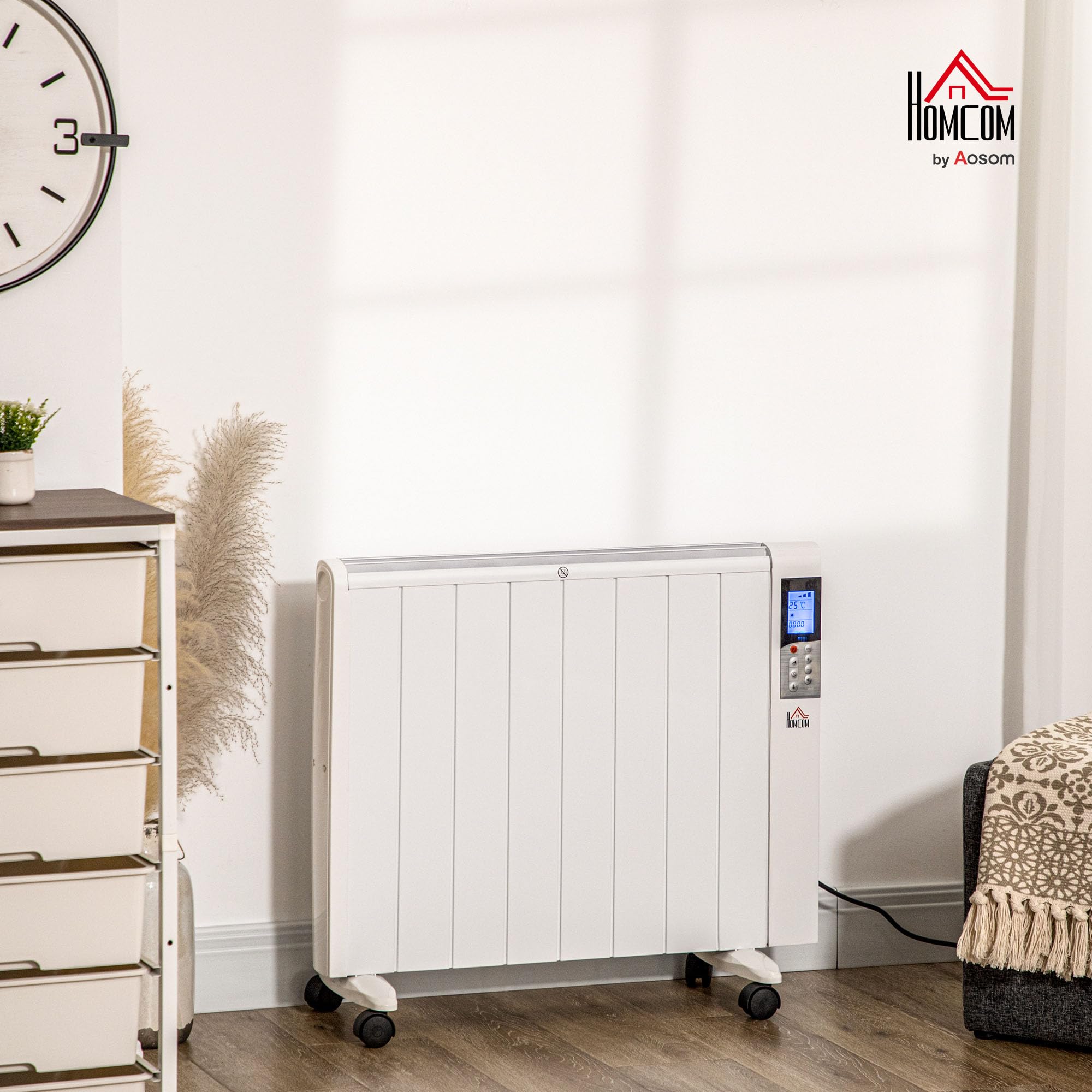 HOMCOM Stufetta Elettrica Basso Consumo Portatile 75x31x66.5 cm Bianco | 1000/2000W Termoventilatore a Terra e Parete, Termoconvettore con Telecomando, Antiribaltamento e Anti-Surriscaldamento